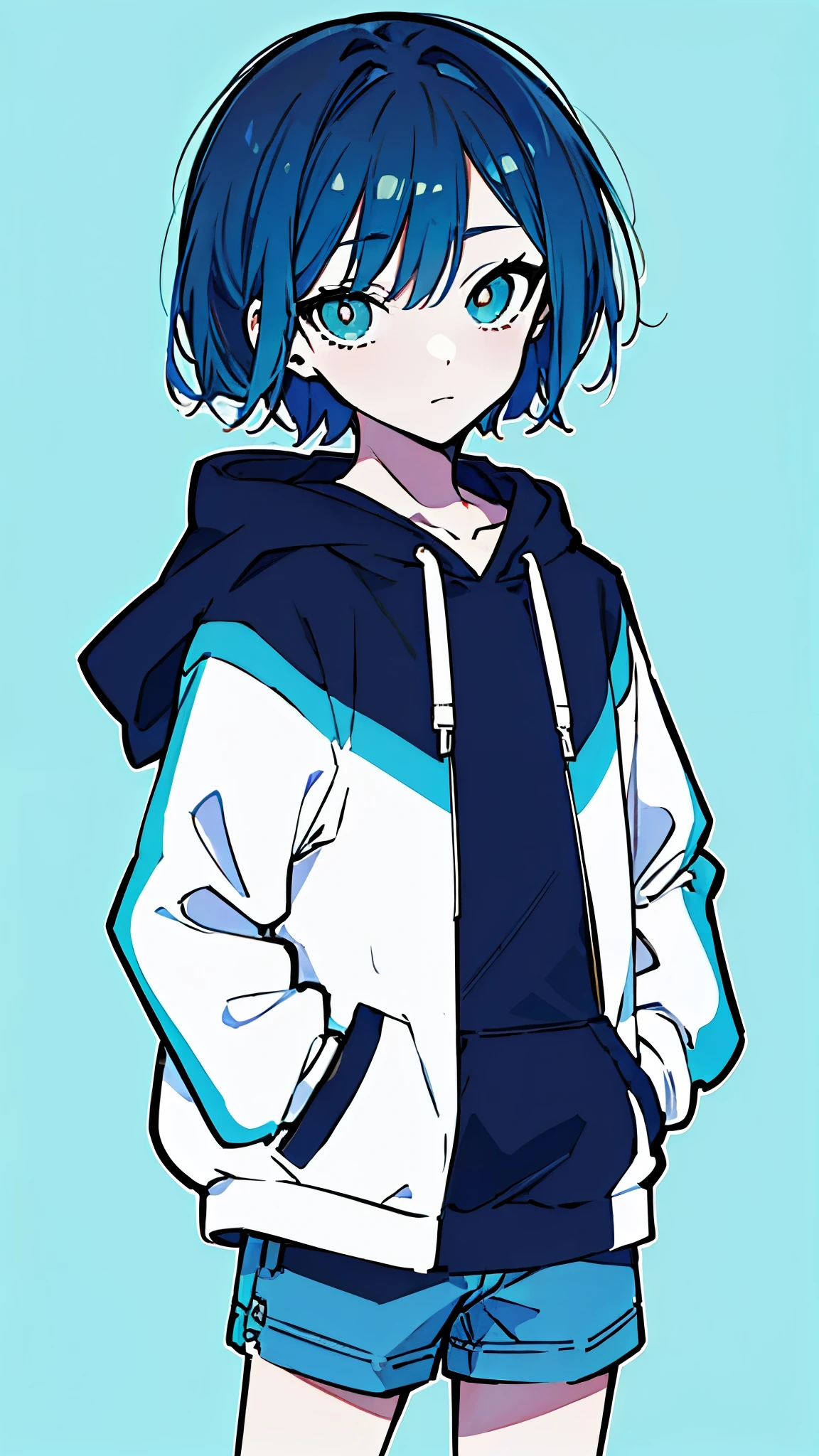 (masterpiece, highest quality:1.6), alone, thick outline, (simple background, light blue background, monochrome, light blue theme:1.2), official art, Key Visual, 8K, disorganized, whole body, (unique hair, Oversized Hoodies, hot pants, arch back, short torso:1.2), belly button, thighs, cowboy shot, HDR, sharp focus, High resolution, most detailed, very detailed, Super detailed, finely, detailed eyes and face, sharp pupils, realistic student, solo, blue and white contrast, solo, hands in pockets