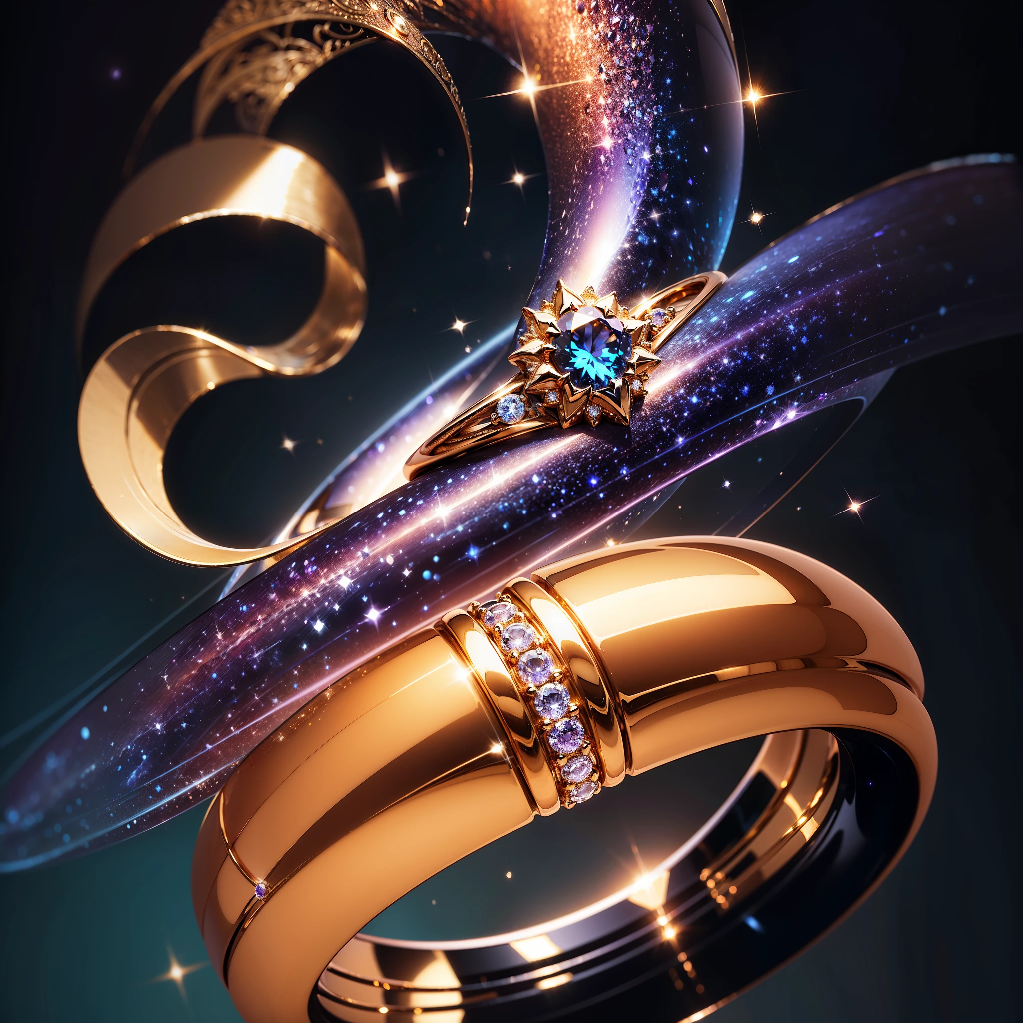 masterpiece，top quality，Rings with precious stones，(It's nothing, Except for the ring)，(no man),Phoenix Ring，starry sky，Wrapped around the end from start to finish，Delicate gold ring，Starry sky in the ring,shine，inverted image，Sparkling blue-purple gemstones，Elegant and noble,Simple background