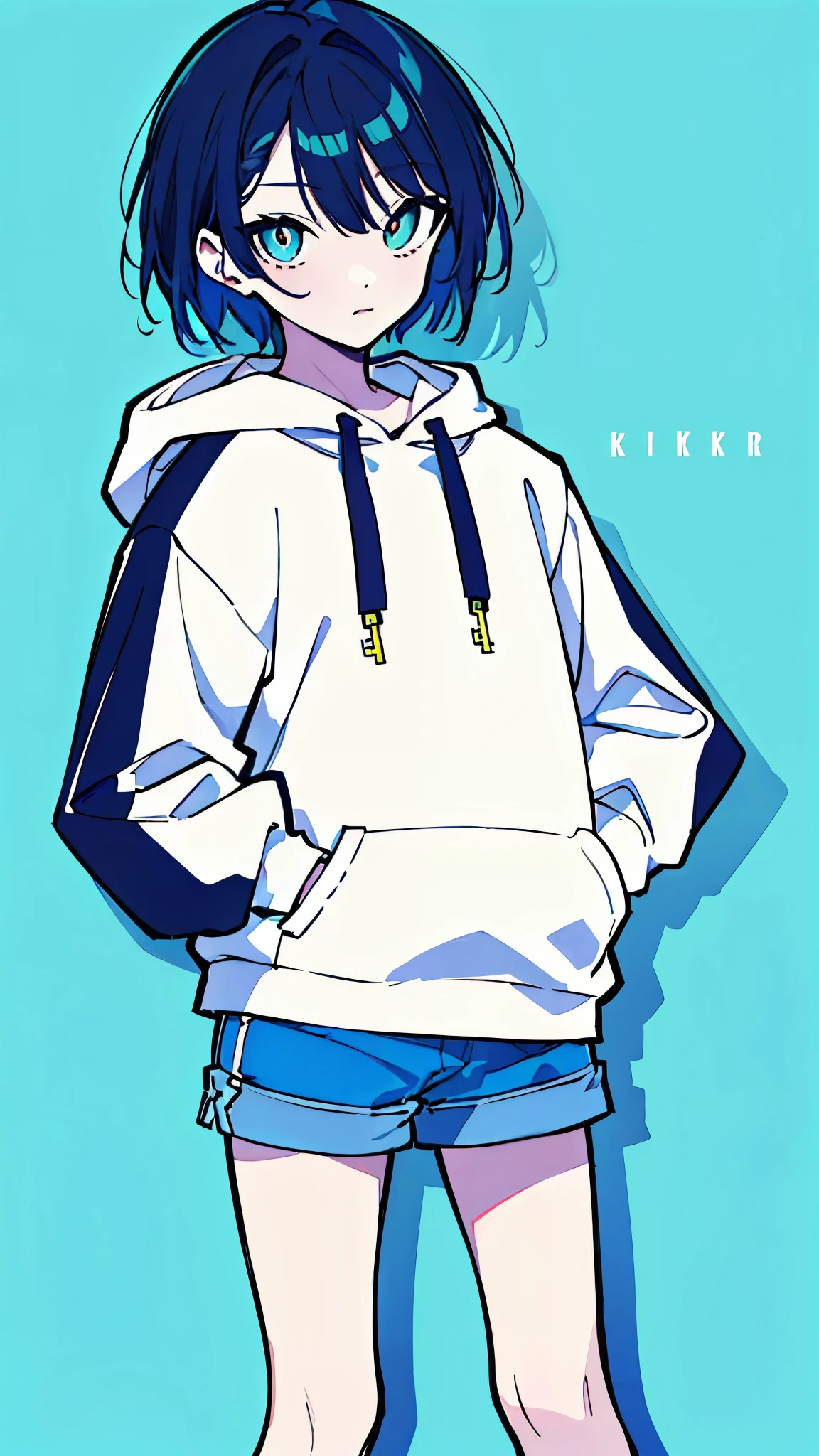 (masterpiece, highest quality:1.6), alone, thick outline, (simple background, light blue background, monochrome, light blue theme:1.2), official art, Key Visual, 8K, disorganized, whole body, (unique hair, Oversized Hoodies, hot pants, arch back, short torso:1.2), belly button, thighs, cowboy shot, HDR, sharp focus, High resolution, most detailed, very detailed, Super detailed, finely, detailed eyes and face, sharp pupils, realistic student, solo, blue and white contrast, solo, hands in pockets