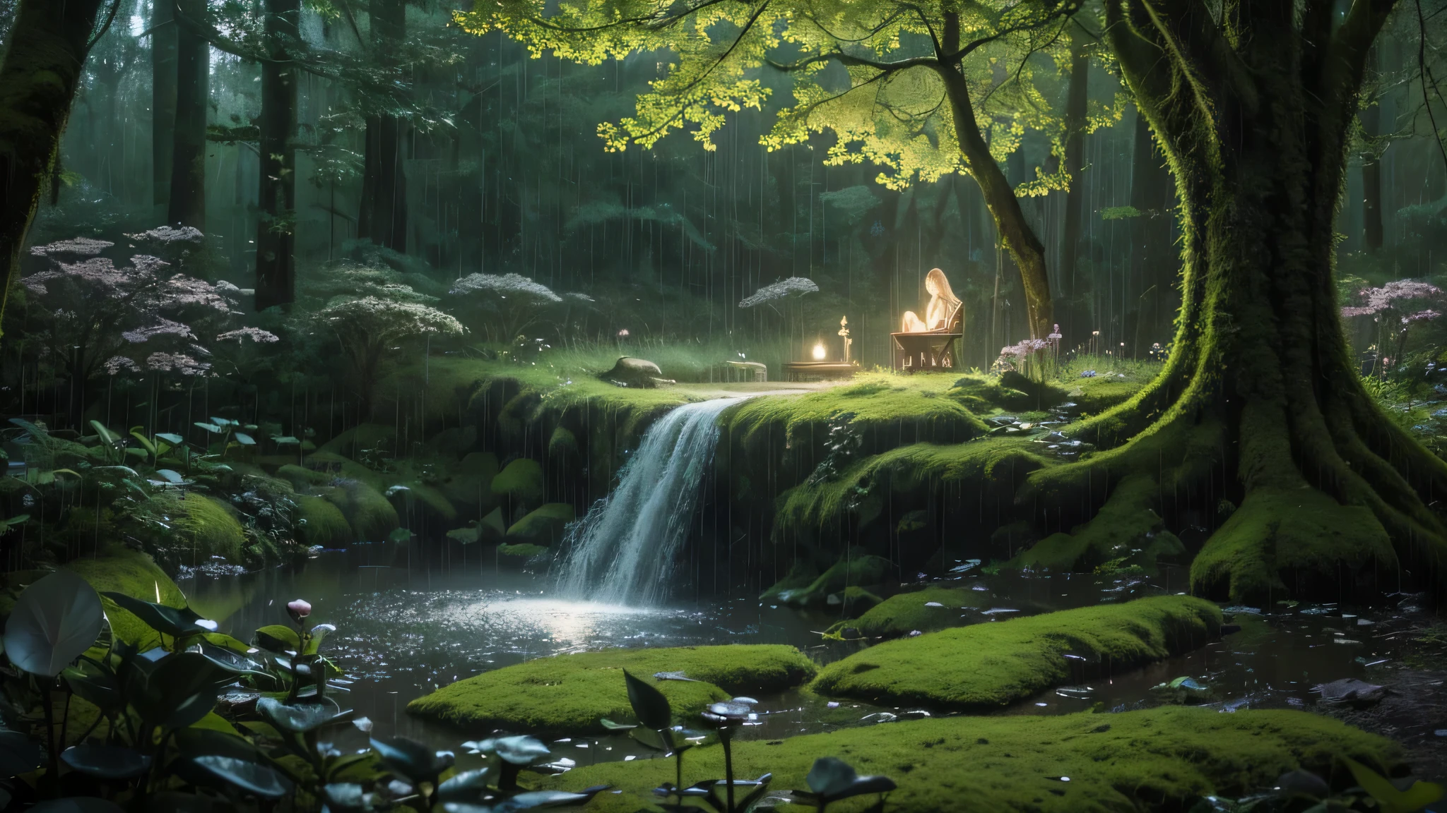 In the magical forest at dusk, amidst the gentle sound of rain and the harmonious rhythm of nature, A scene unfolds where the fairies are about to fall asleep.. The atmosphere is romantic and quiet, with soft, Ambient light of sunlight filtering through the trees, Reflected in wet leaves and flowers, Create dream-like quality. Several fairies can be seen standing in the bends of tree branches., sleeping peacefully in a delicate state, shining cocoon. the ground is blue々covered with moss、petals are scattered, Little raindrops add shine to everything, Like diamonds scattered in the moonlight. This mesmerizing visual is sure to capture the essence of fairy tales, blend romance, nature, And the mysterious charm of the resting fairies, Against the background of a peaceful view of a rain-soaked forest.