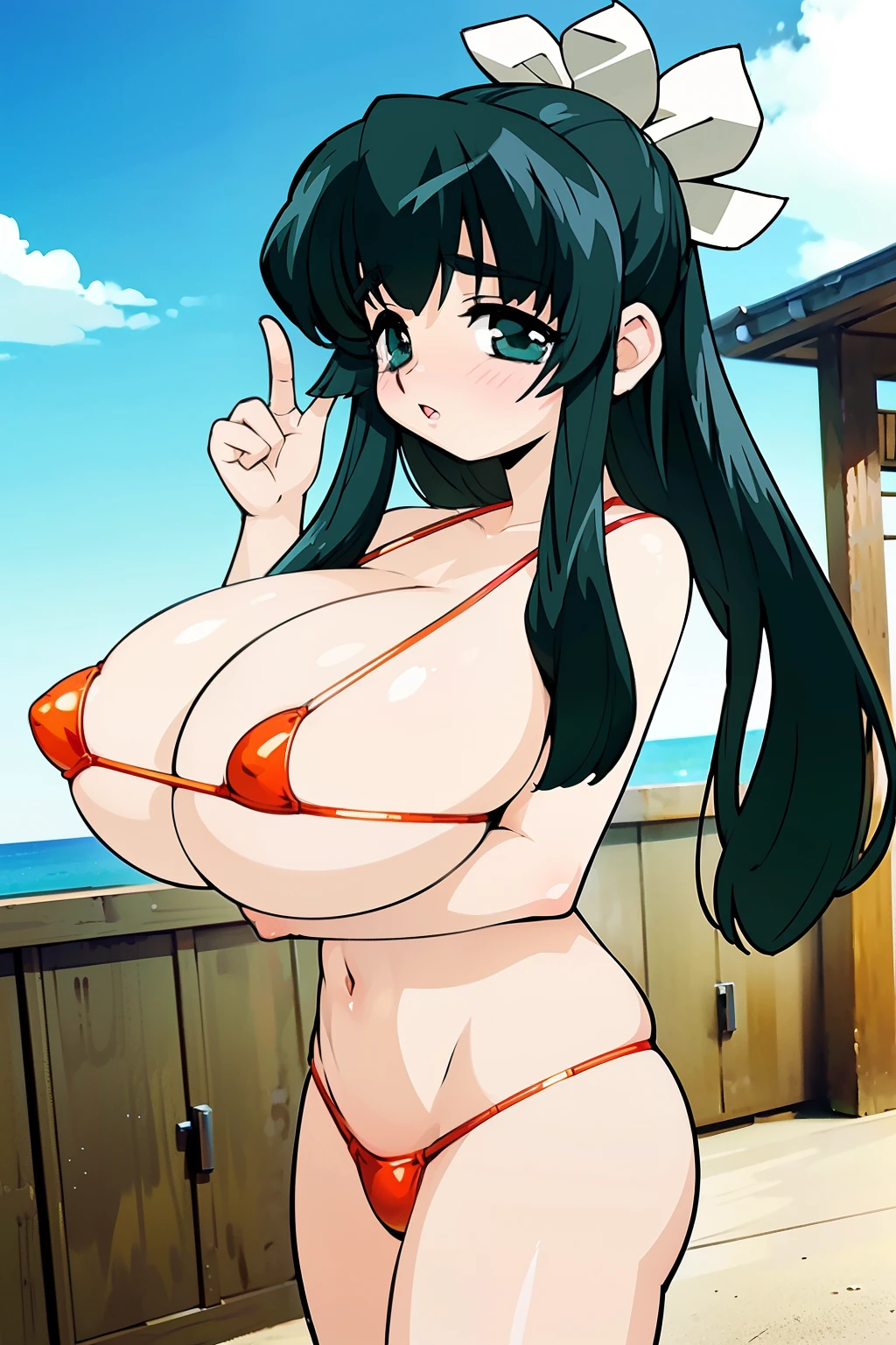 masterpiece, best quality, high resolution, 2D, anime cels, 8K,Official art, beach, yamagami shino, final romance, final romance 4, 1girl, (huge breasts:1.2), cleavage, (gold micro bikini), from side, standing, cowboy shot