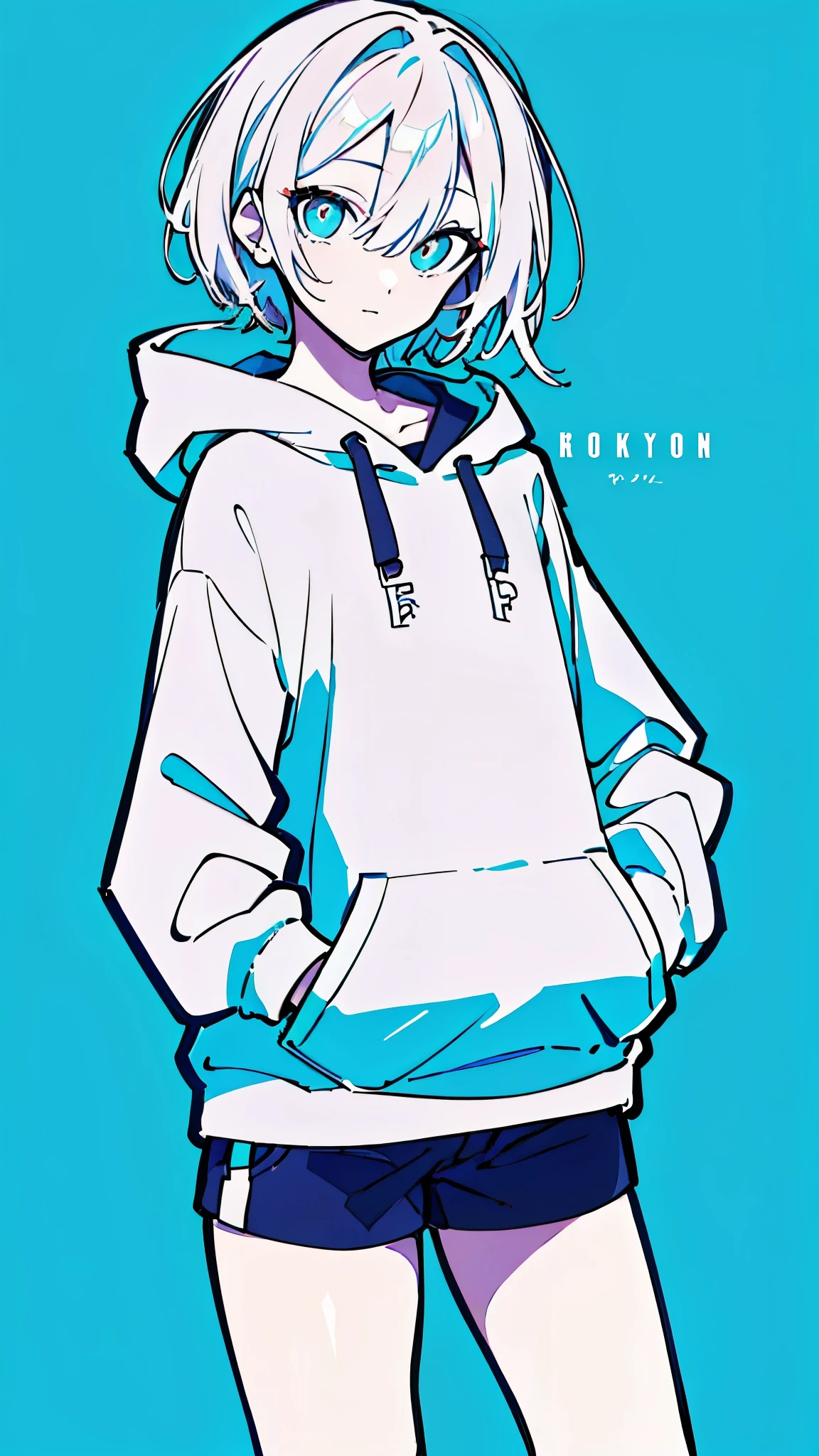 (masterpiece, highest quality:1.6), alone, thick outline, (simple background, light blue background, monochrome, light blue theme:1.2), official art, Key Visual, 8K, disorganized, whole body, (unique hair, Oversized Hoodies, hot pants, arch back, short torso:1.2), belly button, thighs, cowboy shot, HDR, sharp focus, High resolution, most detailed, very detailed, Super detailed, finely, detailed eyes and face, sharp pupils, realistic student, solo, blue and white contrast, solo, hands in pockets