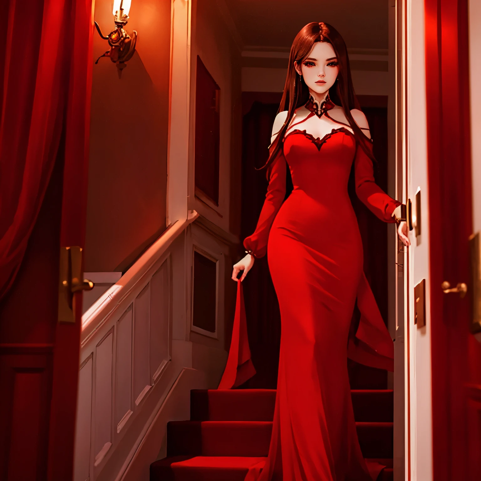 Best quality, high quality, high resolution, porcelain skin, ruby red dress, walking down stairs in a mansion, black sclera, red eyes, fiery eyes, long hair, brunette