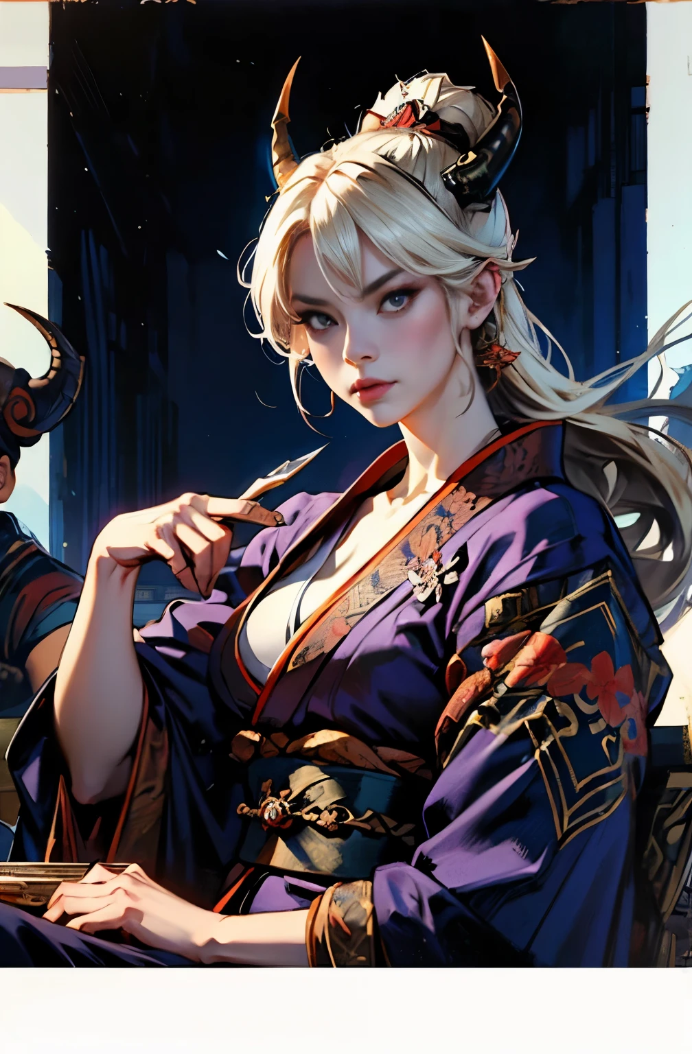 beautiful demon painting, Demon woman with a sword, woman samurai, mouth with fangs,platinum blonde demon, Beautiful red kimono, Oiran, Doji Ibaraki, Inspired by Chen Yifei, Inspired by Francesco Hayez, Inspired by Hendrik Terbruggen, Jean＝Works that influenced Auguste Dominique Ingres, Inspired by Liu Jun, Jean＝Works that influenced Auguste Dominique Ingres, highest quality, perfect angle, perfect composition, best shot, official art, cinematic light, figurative art, Beautiful and expressive paintings, Beautiful artwork illustration, wonderful, cool beauty, clear, Mysterious, highest quality, official art, perfect composition,perfect angle, best shot, women only, sharp outline, pretty much beautiful face, Full body Esbian, demon of kyoto, A ruthless demon woman, full body tattoo