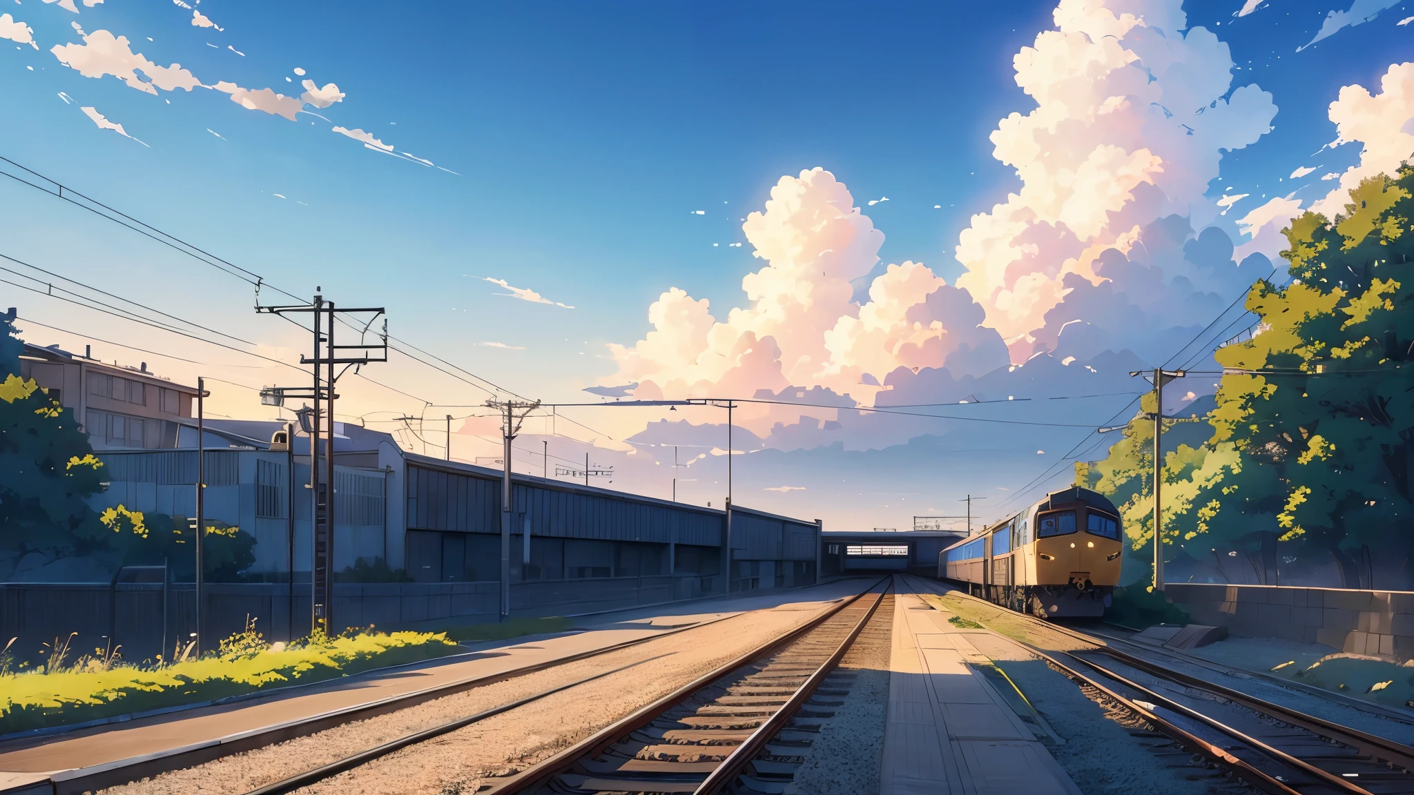 Anime scene of a train passing under the blue sky, Anime drawn by Makoto Shinkai, It&#39;s trending on pixiv, magical realism, beautiful anime scene, space sky. by makoto shinkai, ( ( makoto shinkai ) ), by makoto shinkai, Anime background art, Makoto Shinkai&#39;s style