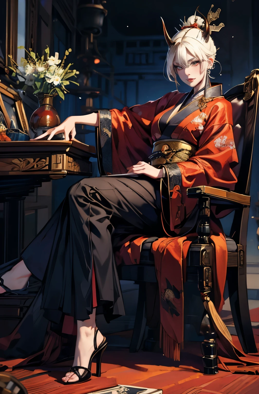beautiful female samurai painting, 太knifeを持った鬼の女, dice game, Suronin, Shura Road, A skilled female swordsman, wanderer, knife, 妖knife, knife, 長いknife, 赤いknife, strong female samurai, 2book corner, mouth with fangs, Eyes without pupils, gambling, Hyakka Ryōran, Flower of Shura, platinum blonde demon, Beautiful red kimono, Female Yakuza, Doji Ibaraki, Shuten Douji, Inspired by Chen Yifei, Inspired by Francesco Hayez, Inspired by Hendrik Terbruggen, Jean=Works that influenced Auguste Dominique Ingres, Inspired by Liu Jun, Jean=Works that influenced Auguste Dominique Ingres, highest quality, perfect angle, perfect composition, The perfect subject, best shot, official art, cinematic light, figurative art, Beautiful and expressive paintings, Beautiful artwork illustration, wonderful, cool beauty, clear, Mysterious, highest quality, official art, perfect composition, perfect angle, best shot, women only, sharp outline, pretty much beautiful face, The demon lurking in the darkness of Kyoto, Lord of Chimi-Mourou, A ruthless demon woman, demon queen, Female Yakuza, full body tattoo, Danbilla, 妖knife, wide, Rashomon