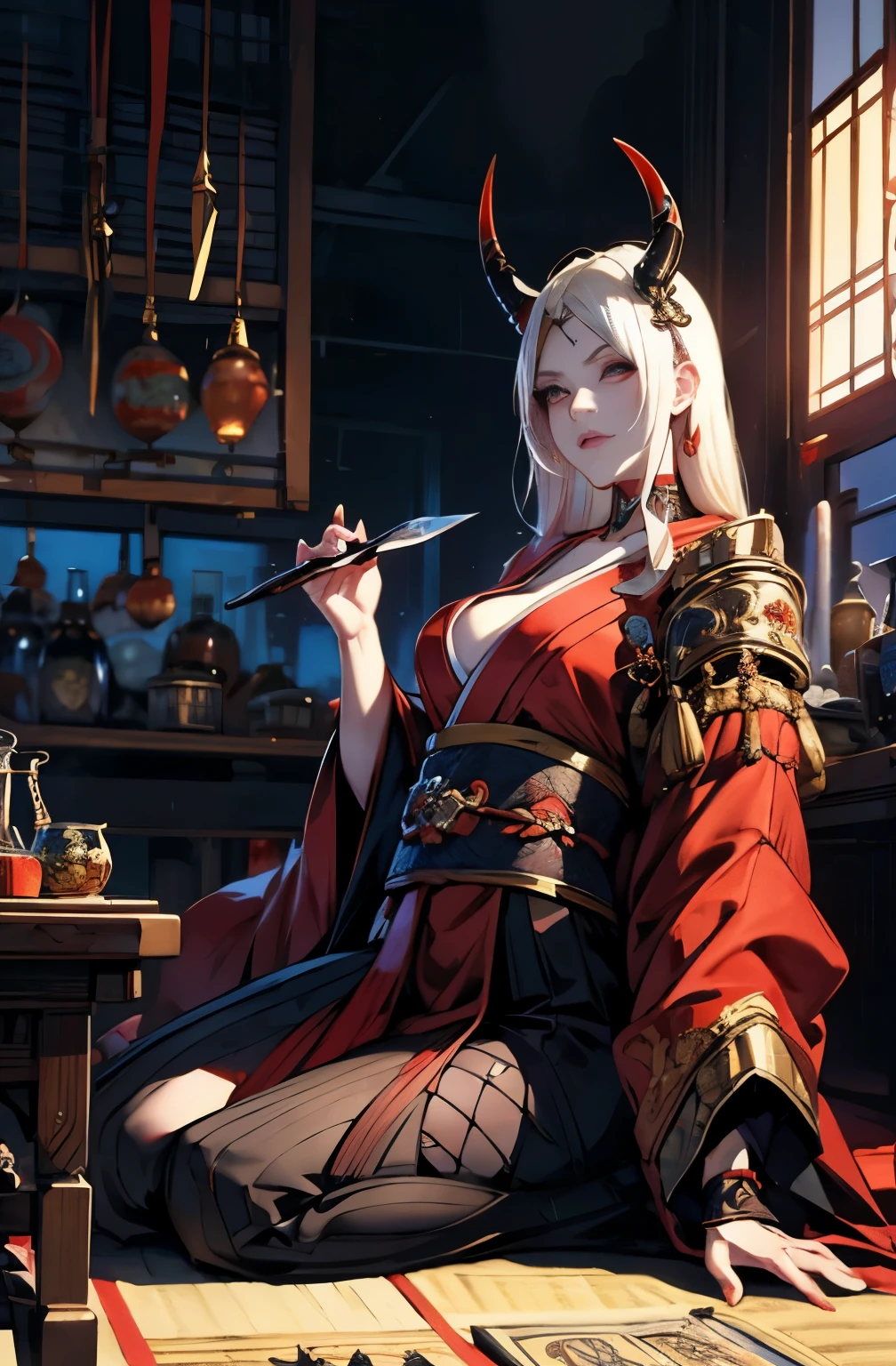beautiful female samurai painting, 太knifeを持った鬼の女, dice game, Suronin, Shura Road, A skilled female swordsman, wanderer, knife, 妖knife, knife, 長いknife, 赤いknife, strong female samurai, 2book corner, mouth with fangs, Eyes without pupils, gambling, Hyakka Ryōran, Flower of Shura, platinum blonde demon, Beautiful red kimono, Female Yakuza, Doji Ibaraki, Shuten Douji, Inspired by Chen Yifei, Inspired by Francesco Hayez, Inspired by Hendrik Terbruggen, Jean=Works that influenced Auguste Dominique Ingres, Inspired by Liu Jun, Jean=Works that influenced Auguste Dominique Ingres, highest quality, perfect angle, perfect composition, The perfect subject, best shot, official art, cinematic light, figurative art, Beautiful and expressive paintings, Beautiful artwork illustration, wonderful, cool beauty, clear, Mysterious, highest quality, official art, perfect composition, perfect angle, best shot, women only, sharp outline, pretty much beautiful face, The demon lurking in the darkness of Kyoto, Lord of Chimi-Mourou, A ruthless demon woman, demon queen, Female Yakuza, full body tattoo, Danbilla, 妖knife, wide, Rashomon