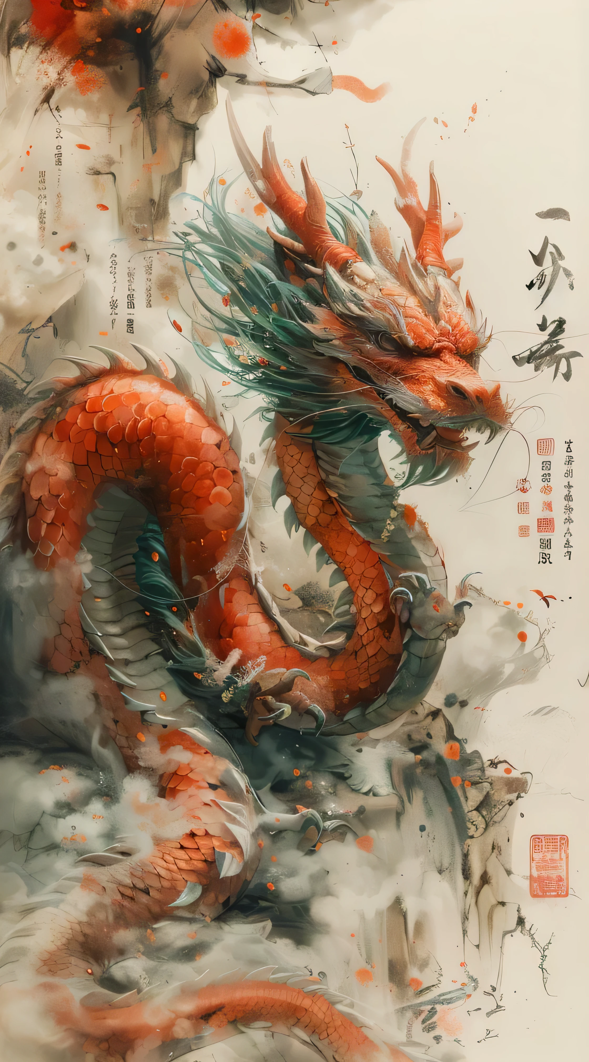 there is a painting of a dragon with a red tail, chinese dragon concept art, dragon art, majestic japanese dragon, red dragon, by Li Kan, chinese dragon, smooth chinese dragon, a red dragon, by Shitao, by Li Zai, by Yang J, by Shen Quan, oil painting of dragon, by Bayard Wu, a dragon, dragon design language