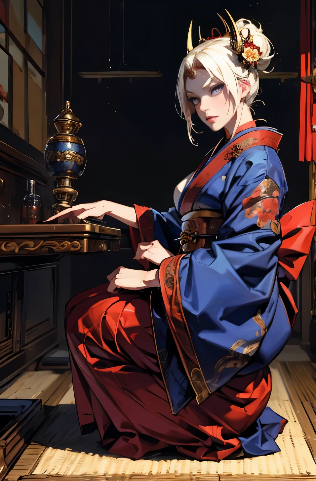 beautiful female samurai painting, 太knifeを持った鬼の女, Saizi, Suronin, Shura Road, A skilled female swordsman, wanderer, knife, 妖knife, knife, 長いknife, 赤いknife, strong female samurai, 2book corner, mouth with fangs, Eyes without pupils, gambling, Hyakka Ryōran, Flower of Shura, platinum blonde demon, Beautiful red kimono, Female Yakuza, Doji Ibaraki, Shuten Douji, Inspired by Chen Yifei, Inspired by Francesco Hayez, Inspired by Hendrik Terbruggen, Jean=Works that influenced Auguste Dominique Ingres, Inspired by Liu Jun, Jean=Works that influenced Auguste Dominique Ingres, highest quality, perfect angle, perfect composition, The perfect subject, best shot, official art, cinematic light, figurative art, Beautiful and expressive paintings, Beautiful artwork illustration, wonderful, cool beauty, clear, Mysterious, highest quality, official art, perfect composition, perfect angle, best shot, women only, sharp outline, pretty much beautiful face, The demon lurking in the darkness of Kyoto, Lord of Chimi-Mourou, A ruthless demon woman, demon queen, Female Yakuza, full body tattoo, Danbilla, 妖knife, wide, Rashomon