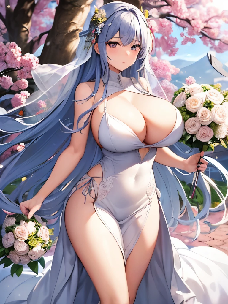 (masterpiece), best quality, expressive eyes, perfect face.

body: huge breasts, firm breasts, long legs, loose hair

focus: dynamic

Clothing: wedding dress, slingshot dress, long dress

posture: holding a bouquet of flowers, shy

background image: flying doves, catholic chapel

characters: Musashibou Benkei (Ikkitousen)