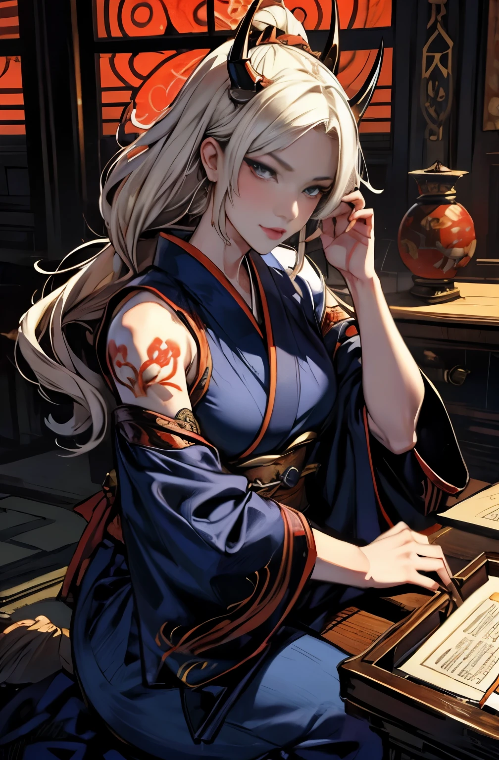 beautiful demon painting, Demon woman with a sword, strong female samurai, mouth with fangs, gambling, platinum blonde demon, Beautiful red kimono, Oiran, highest ranking woman, Ghost Girl, Female Yakuza, Doji Ibaraki, Sake Drinker Doji, Inspired by Chen Yifei, Inspired by Francesco Hayez, Inspired by Hendrik Terbruggen, Jean=Works that influenced Auguste Dominique Ingres, Inspired by Liu Jun, Jean=Works that influenced Auguste Dominique Ingres, highest quality, perfect angle, perfect composition, best shot, official art, cinematic light, figurative art, Beautiful and expressive paintings, Beautiful artwork illustration, wonderful, cool beauty, clear, Mysterious, highest quality, official art, perfect composition,perfect angle, best shot, women only, sharp outline, pretty much beautiful face, demon of kyoto, Lord of Chimi-Mourou, A ruthless demon woman, demon queen, Female Yakuza, full body tattoo, wide, Rashomon, Close-up