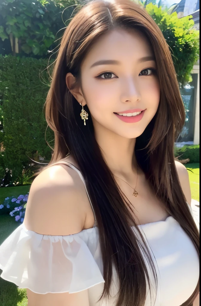 (18-year-old sweetheart), (big breasts:1.3),   Flower garden in the background、Off-shoulder long dress with retro white ruffles、Let your hair flutter in the wind、(master piece: 1.3), (maximum resolution: 1.4), (ultra high vision: 1.2), cinematic light, ultra high vision,make one&#39;s cheeks flush:1.2、 (fine eyes and skin), (detailed facial features), NSFW, 8K resolution, perfect style, beautiful expression、Highly detailed face and skin texture、detailed eye、double eyelid、glitter eyeliner:1.2、shiny skin、（pure white skin:1.8)、（white skin:1.8)、red rouge、dark lipstick:1.2、small shiny necklace and earrings、（glossy lips:1.2)、glossy lips:1.2、((full body shot:1.2))、(straight hairstyle、light brown hair)、long hair、(very affectionate smile:1.3)、175cm、Asahi