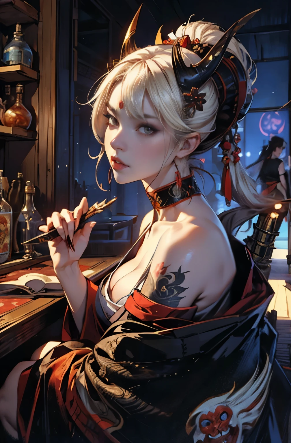 beautiful demon painting, 太knifeを持った鬼の女, Shura Road, A skilled female swordsman, wanderer, knife, 妖knife, knife, 長いknife, 赤いknife, strong female samurai, 2book corner, mouth with fangs, Eyes without pupils, gambling, Hyakka Ryōran, Flower of Shura, platinum blonde demon, Beautiful red kimono, Female Yakuza, Doji Ibaraki, Shuten Douji, Inspired by Chen Yifei, Inspired by Francesco Hayez, Inspired by Hendrik Terbruggen, Jean=Works that influenced Auguste Dominique Ingres, Inspired by Liu Jun, Jean=Works that influenced Auguste Dominique Ingres, highest quality, perfect angle, perfect composition, The perfect subject, best shot, official art, cinematic light, figurative art, Beautiful and expressive paintings, Beautiful artwork illustration, wonderful, cool beauty, clear, Mysterious, highest quality, official art, perfect composition, perfect angle, best shot, women only, sharp outline, pretty much beautiful face, The demon lurking in the darkness of Kyoto, Lord of Chimi-Mourou, A ruthless demon woman, demon queen, Female Yakuza, full body tattoo, Danbilla, 妖knife, wide, Rashomon