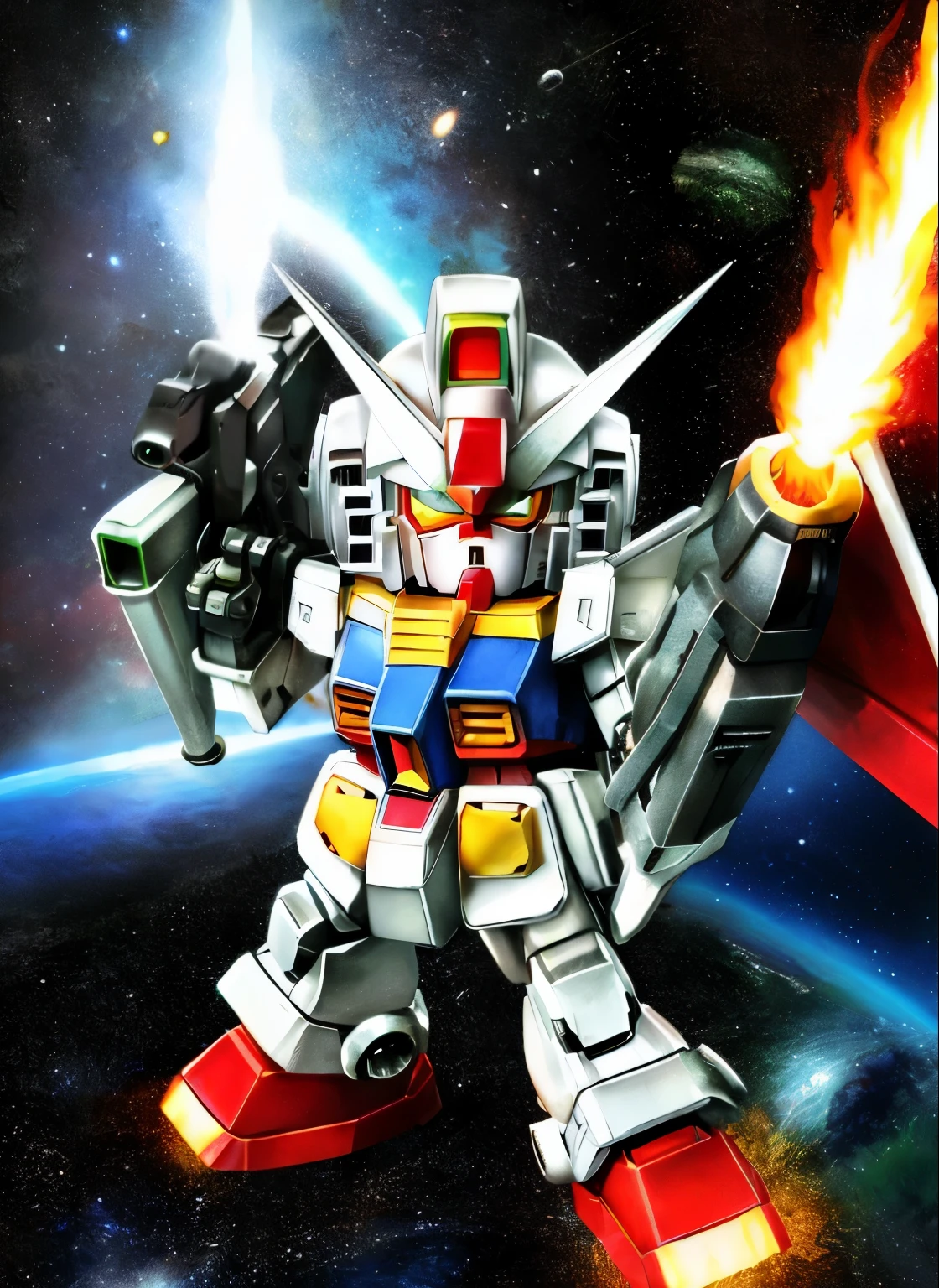 (masterpiece)、 (SF)、 (SD Gundam)、(F91)、highest quality、chibi character、Rin々New facial details、He held a bazooka and a saber.、Mechanic Robot、realistic outer space、Maximum output、continuous attack、beam radiation、Vesbar、Fully armed、earth in background、Flying through the sky like a comet、and flames surround it, steel, rust on edges、docking、core change、