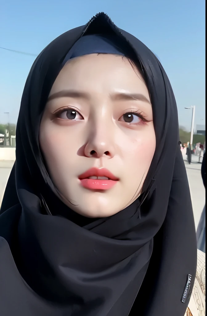 Wear hijab blue collor, ((Best quality, 8k, Masterpiece :1.37)), (three women in hijab), multiple people , three women in hijab blue, position:standing, style model, (three women in hijab), beautiful face, Beautiful detailed eyes, Korean eyes, nose detail, Natural Lips, 18 year old girl, black hair, very detailed face, ultra detailed body, slim body, smiling lips, detailed big breasts, detailed hairy vagina, Wearing Muslim hijab , luxurious jubba thobbe, blue sky view, slim body, realistic face, three women wearing hijabs