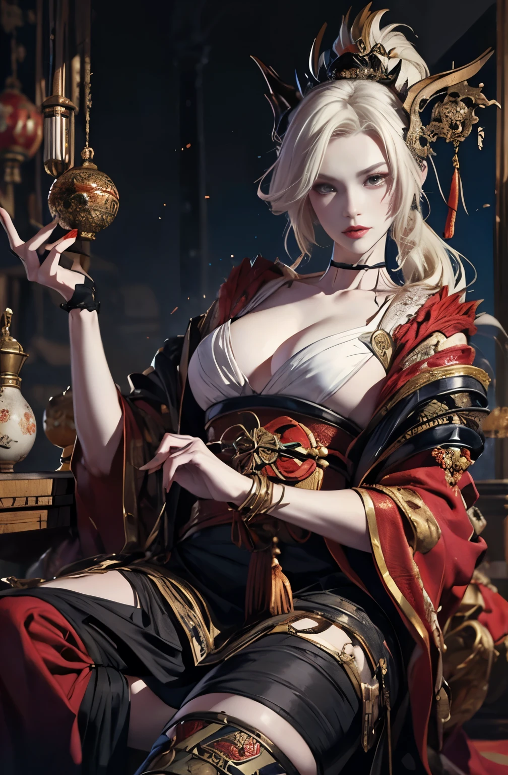 beautiful demon painting, knife剣を携えた鬼の女, Shura Road, A skilled female swordsman, wanderer, knife, 妖knife, knife, strong female samurai, 2book corner, mouth with fangs, Eyes without pupils, gambling, Hyakka Ryōran, Flower of Shura, platinum blonde demon, Beautiful red kimono, Oiran, highest ranking woman, Ghost Girl, Female Yakuza, Doji Ibaraki, Shuten Douji, Inspired by Chen Yifei, Inspired by Francesco Hayez, Inspired by Hendrik Terbruggen, Jean=Works that influenced Auguste Dominique Ingres, Inspired by Liu Jun, Jean=Works that influenced Auguste Dominique Ingres, highest quality, perfect angle, perfect composition, The perfect subject, best shot, official art, cinematic light, figurative art, Beautiful and expressive paintings, Beautiful artwork illustration, wonderful, cool beauty, clear, Mysterious, highest quality, official art, perfect composition, perfect angle, best shot, women only, sharp outline, pretty much beautiful face, The demon lurking in the darkness of Kyoto, Lord of Chimi-Mourou, A ruthless demon woman, demon queen, Female Yakuza, full body tattoo, Danbilla, 妖knife, wide, Rashomon