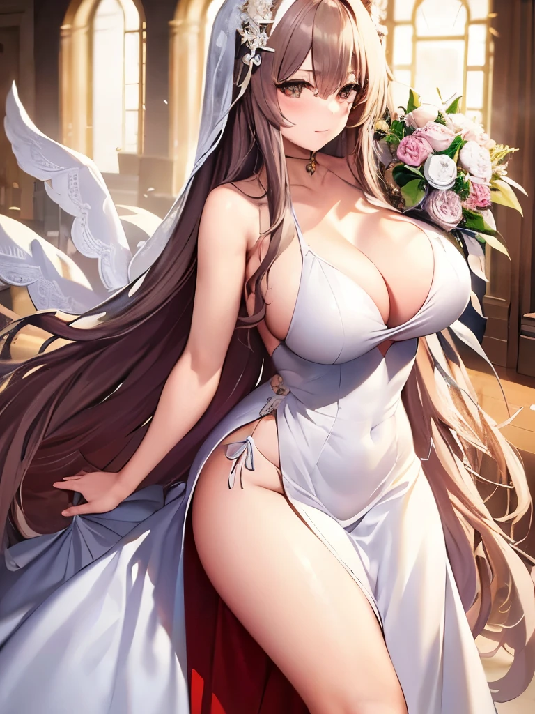 (masterpiece), best quality, expressive eyes, perfect face.
body: huge breasts, firm breasts, long legs, loose hair
focus: dynamic
Clothing: wedding dress, slingshot dress, long dress
posture: holding a bouquet of flowers, shy
background image: flying doves, catholic chapel
characters: Musashibou Benkei (Ikkitousen)