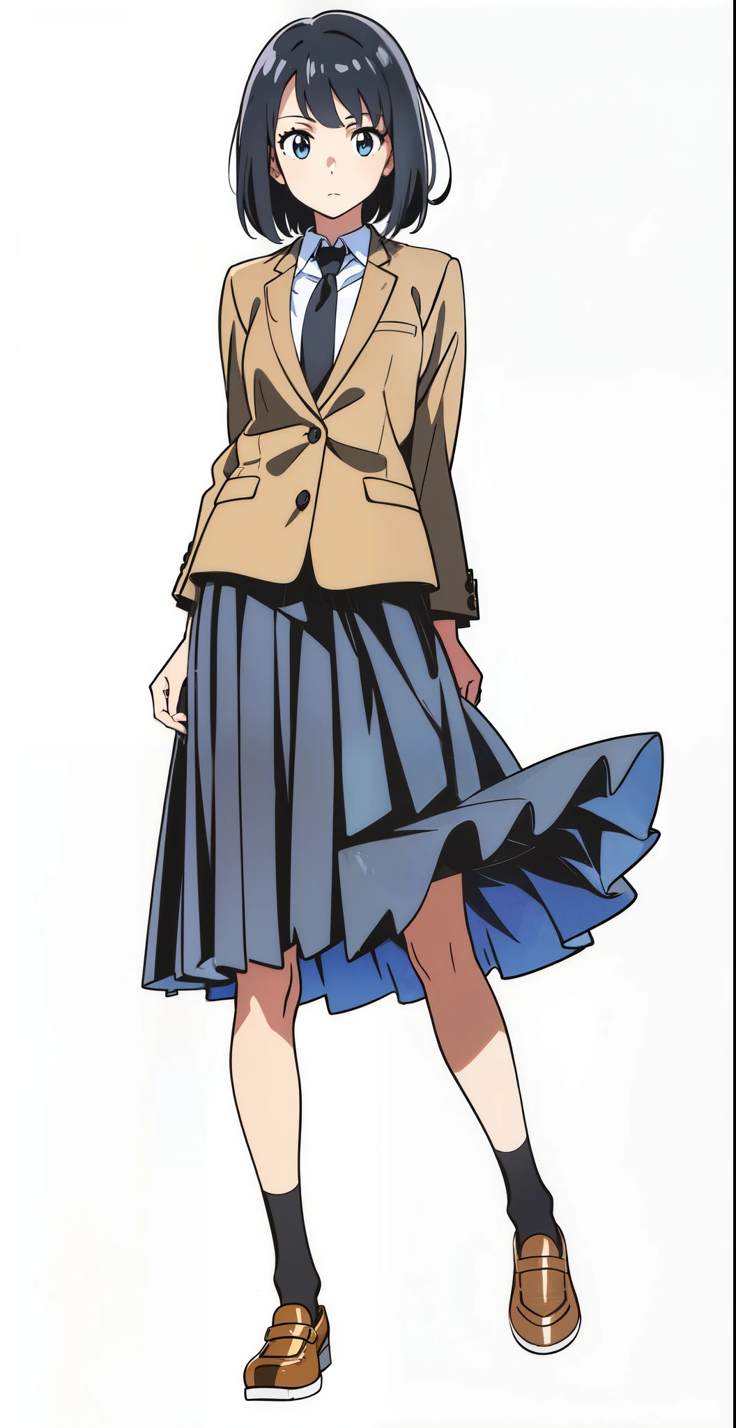 (best quality:1.0), (masterpiece:1.0), (super fine illustration:1.0), (beautiful artwork:1.0), (white background:1.0), (best quality:1.0), (masterpiece:1.0), (super fine illustration:1.0), (beautiful artwork:1.0), (anime screencap:1.0), (official art:1.0), (full body:1.0), (solo:1.0), (HSGA:1.0), (a 18yo cute girl:1.0), (long skirt:1.0), (dark blue skirt:1.0), (pleated skirt:1.0), (school uniform beige blazer:1.0), (dark blue necktie:1.0), (loafers:1.0), (black socks:1.0), (ideal ratio body proportions:1.0), (lanky:1.0), (tall:1.0), (slender:1.0), (small breasts:1.0), (smaller face:1.0), (tareme:1.25), (detailed beautiful eyes:1.25), (detailed beautiful face:1.25), (glowing black eyes:1.25), (bob cut hair:1.0), (black hair:1.0), (standing:1.0), (looking at viewer:1.0)