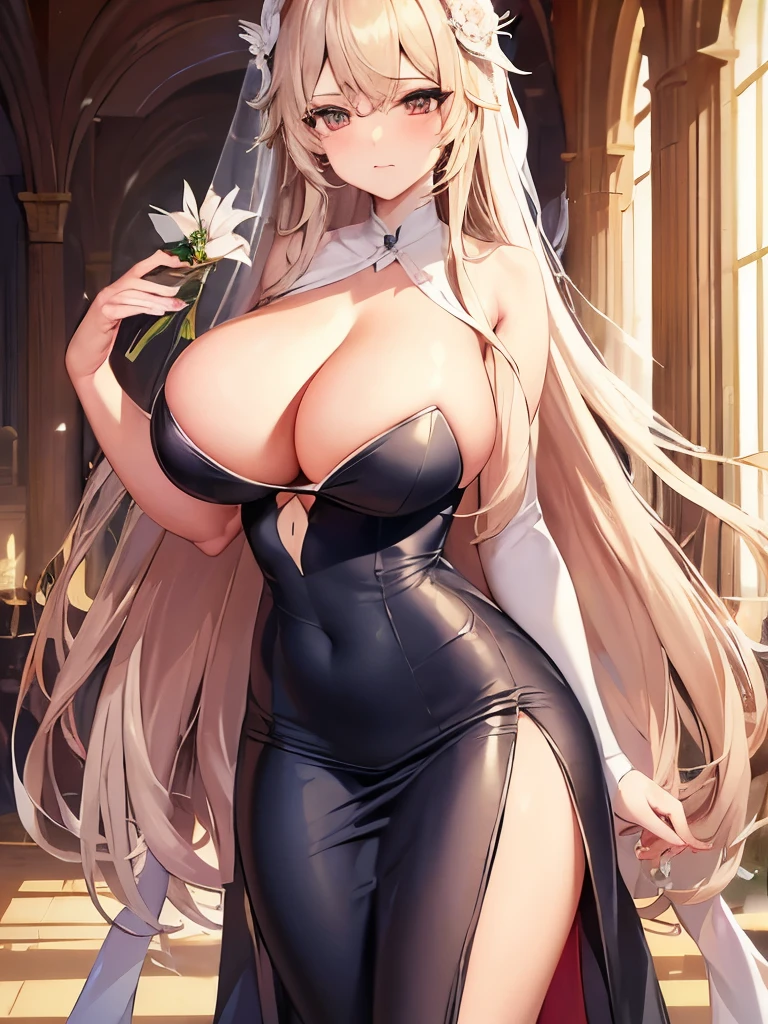 (masterpiece), best quality, expressive eyes, perfect face.

body: huge breasts, firm breasts, long legs, loose hair

focus: dynamic

Clothing: wedding dress, slingshot dress, long dress

posture: holding a bouquet of flowers, shy

background image: flying doves, catholic chapel

characters: Musashibou Benkei (Ikkitousen)