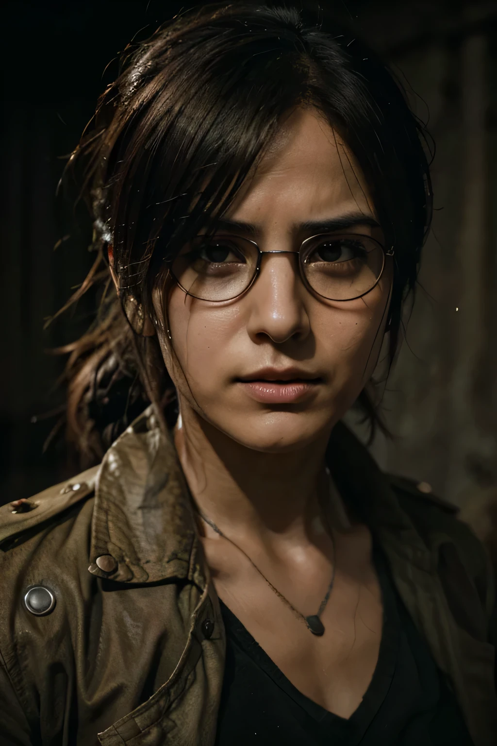 Realistic close-up headshot of Attack on Titan anime character Hanji, with intense and determined expression. Use dark and gritty color palette to capture the Attack on Titan look. Utilize dramatic lighting and shadow to emphasize the character's features. Shot with a wide-angle lens to create a sense of intimacy and intensity. Consider using a Canon EOS R5 for high-resolution and sharp details. Capture Hanji's iconic goggles and disheveled hair for added authenticity.