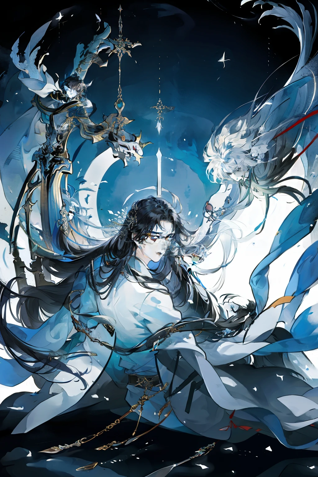masterpiece, best quality, 1 male, aldult, Mature,Sword Spirit,male,Beauty,black,long hair,antiquity
