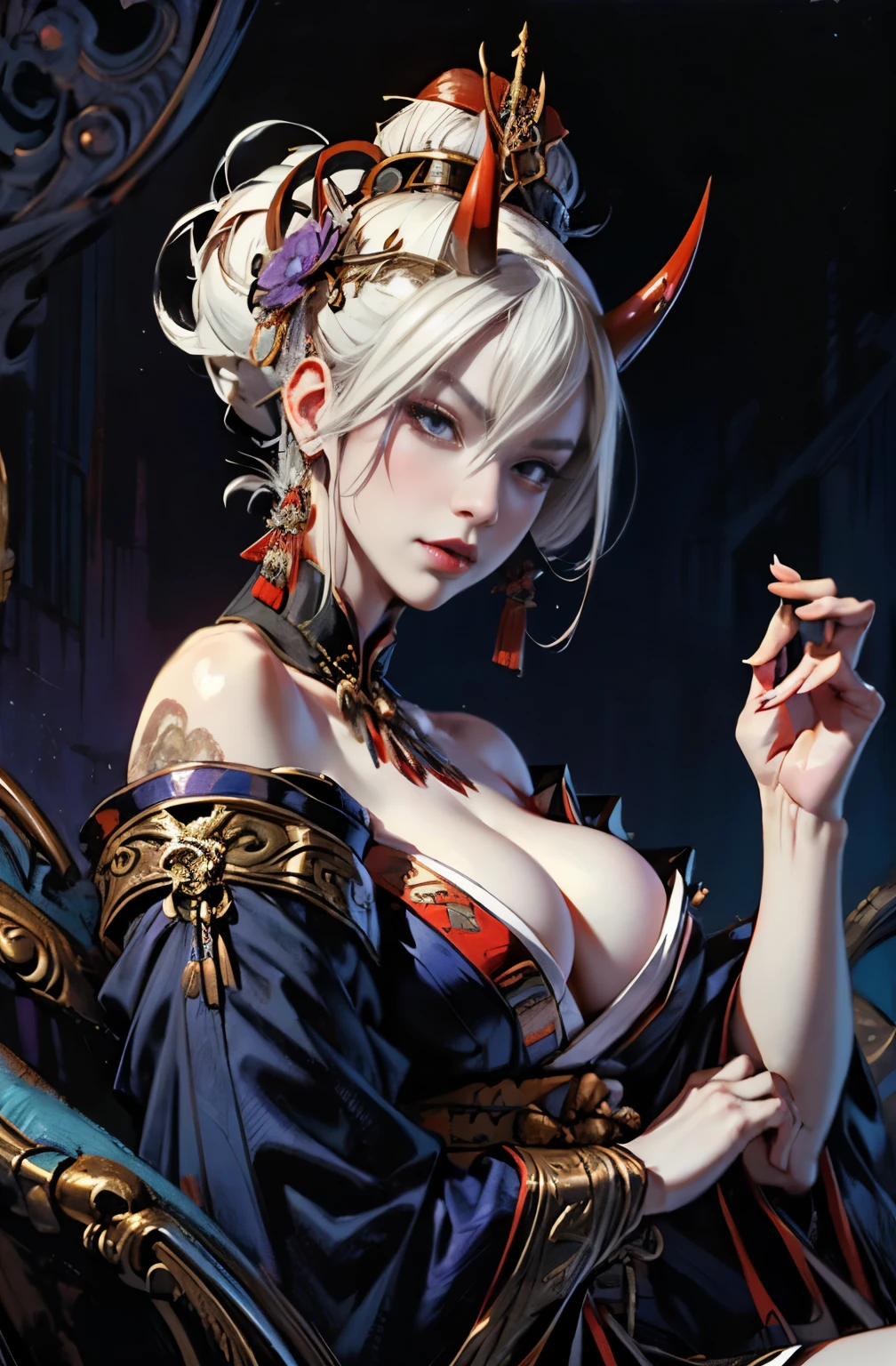 beautiful demon painting, knife剣を携えた鬼の女, knife, 妖knife, knife, strong female samurai, 2book corner, mouth with fangs, Eyes without pupils, gambling, Hyakka Ryōran, Flower of Shura, platinum blonde demon, Beautiful red kimono, Oiran, highest ranking woman, Ghost Girl, Female Yakuza, Doji Ibaraki, Shuten Douji, Inspired by Chen Yifei, Inspired by Francesco Hayez, Inspired by Hendrik Terbruggen, Jean=Works that influenced Auguste Dominique Ingres, Inspired by Liu Jun, Jean=Works that influenced Auguste Dominique Ingres, highest quality, perfect angle, perfect composition, The perfect subject, best shot, official art, cinematic light, figurative art, Beautiful and expressive paintings, Beautiful artwork illustration, wonderful, cool beauty, clear, Mysterious, highest quality, official art, perfect composition, perfect angle, best shot, women only, sharp outline, pretty much beautiful face, The demon lurking in the darkness of Kyoto, Lord of Chimi-Mourou, A ruthless demon woman, demon queen, Female Yakuza, full body tattoo, Danbilla, 妖knife, wide, Rashomon