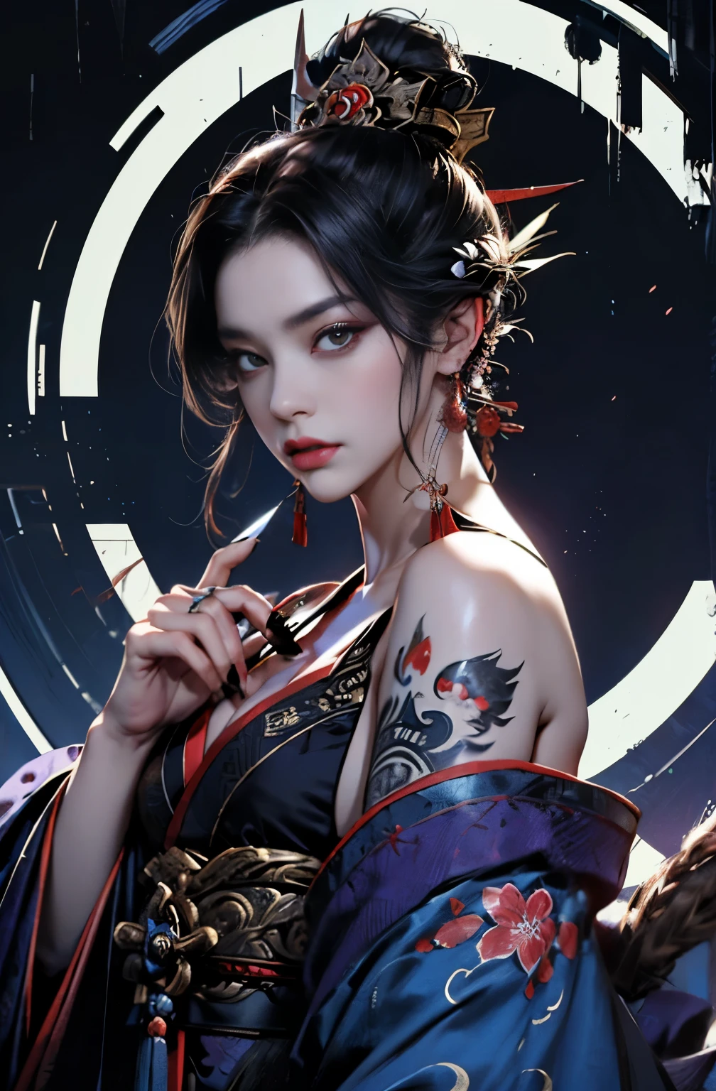 beautiful demon painting, knife剣を携えた鬼の女, knife, 妖knife, knife, strong female samurai, 2book corner, mouth with fangs, Eyes without pupils, gambling, Hyakka Ryōran, Flower of Shura, platinum blonde demon, Beautiful red kimono, Oiran, highest ranking woman, Ghost Girl, Female Yakuza, Doji Ibaraki, Shuten Douji, Inspired by Chen Yifei, Inspired by Francesco Hayez, Inspired by Hendrik Terbruggen, Jean=Works that influenced Auguste Dominique Ingres, Inspired by Liu Jun, Jean=Works that influenced Auguste Dominique Ingres, highest quality, perfect angle, perfect composition, The perfect subject, best shot, official art, cinematic light, figurative art, Beautiful and expressive paintings, Beautiful artwork illustration, wonderful, cool beauty, clear, Mysterious, highest quality, official art, perfect composition, perfect angle, best shot, women only, sharp outline, pretty much beautiful face, The demon lurking in the darkness of Kyoto, Lord of Chimi-Mourou, A ruthless demon woman, demon queen, Female Yakuza, full body tattoo, Danbilla, 妖knife, wide, Rashomon