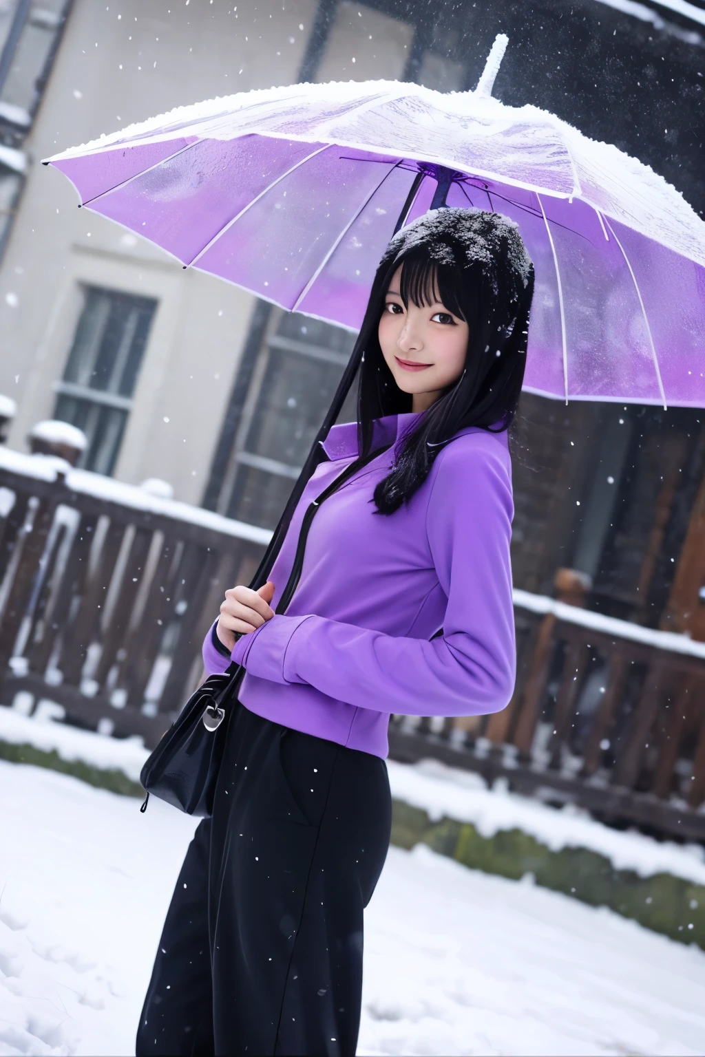 Purple One Piece、female、black hair、snow scene、umbrella