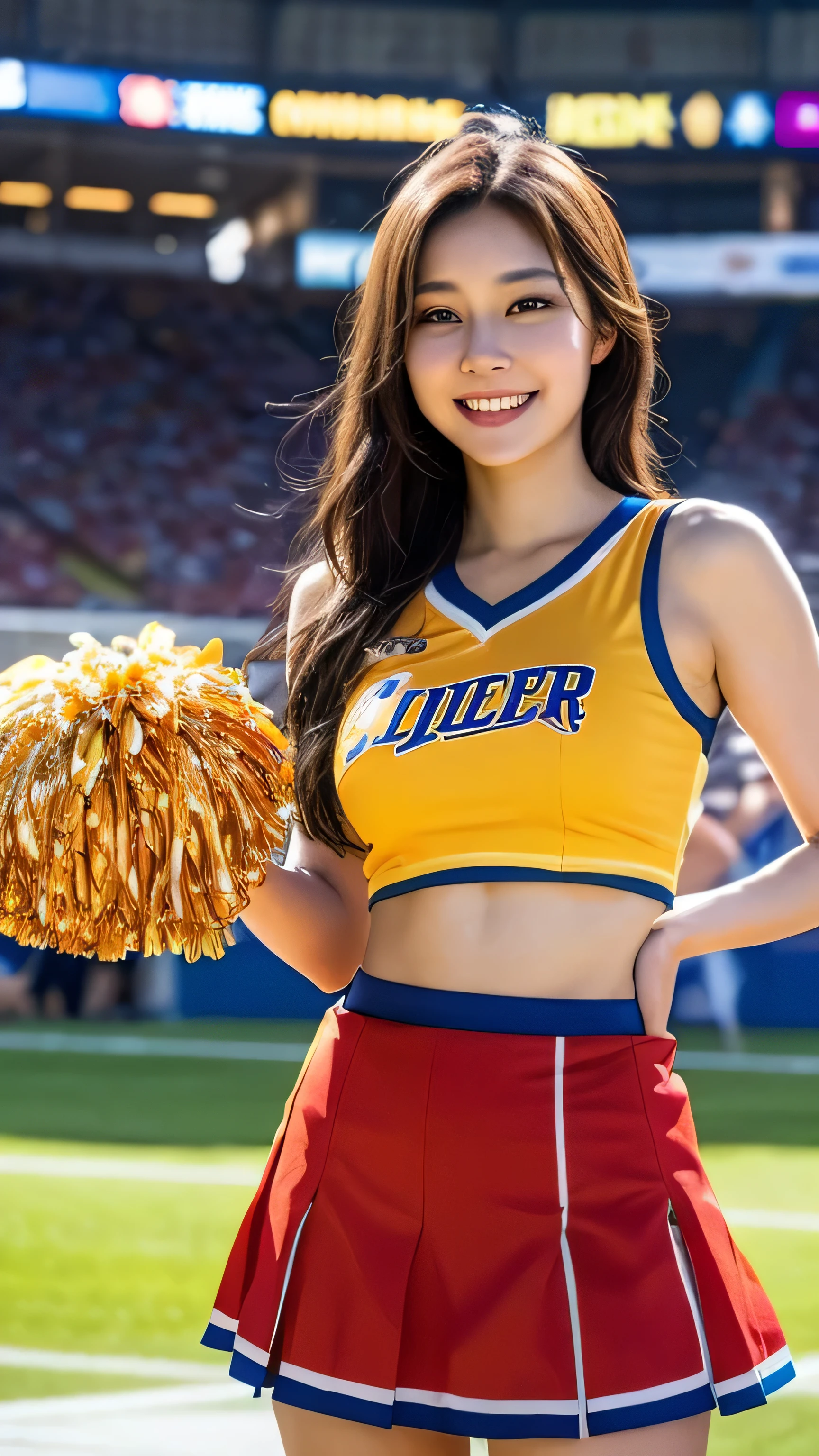 Highly detailed CG Unity 8K wallpaper, highest quality, Super detailed, pieces fly, realistic, realistic, Highly detailed cute girl, 25 years old, (Cheerleader:1.3), (skirt:1.3), (apple:1.1) , smile, parted lips, round eyes, medium breasts, viewer, whole body , stadium, (crowd), , sweaty ,