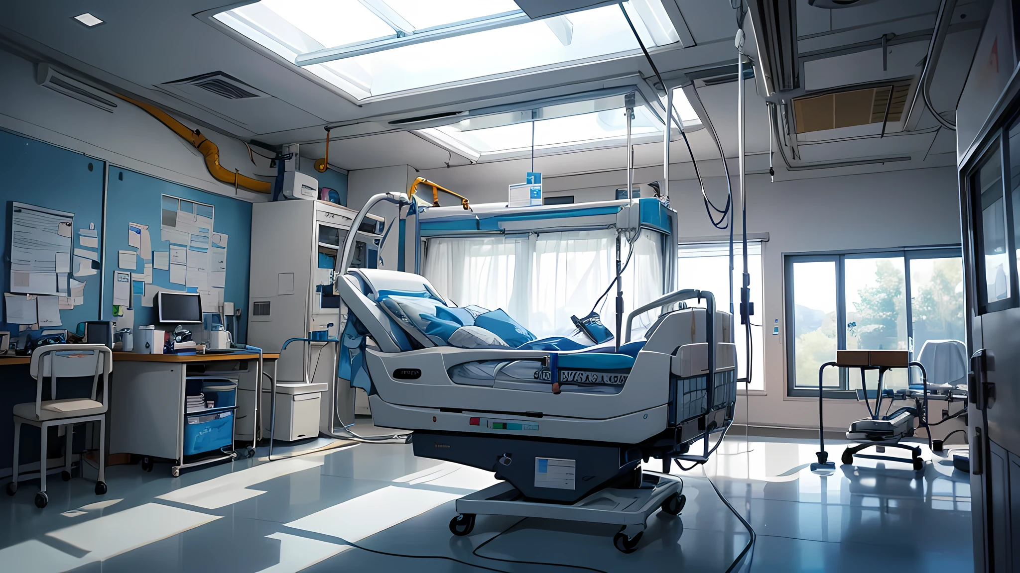 Description: The scene centers on a hospital room. Soft, natural light filters through the window. The IV bag hangs from a silver pole, its fluid level decreasing as the infusion progresses. The tubing, connected to a transparent IV catheter inserted into the patient's forearm, curves in a gentle arc. The character-based representation of propofol or thiopental, depicted as a miniature healthcare professional, flows seamlessly through the tubing. Close examination reveals intricate details on the drip chamber and roller clamp, contributing to the authenticity.
