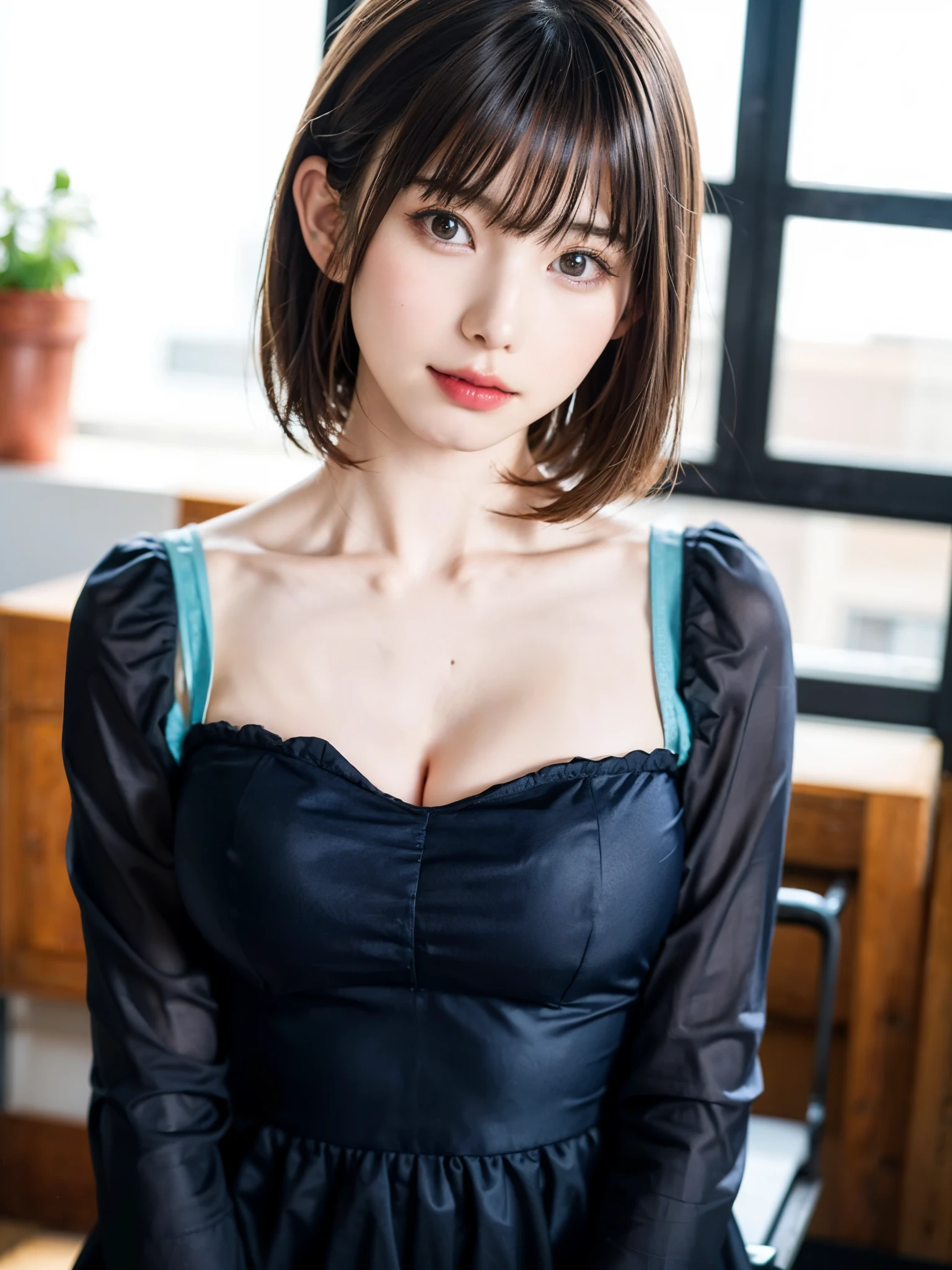 (table top, highest quality、high detail:1.4、very attractive beauty、Adds intense highlights to the eyes、look closely at the camera:1.4、Beautiful woman full of charm、ideal body proportions、perfect anatomy、brunette short bob hair、shiny hair、bangs:2、光沢のあるbangs:2、lip gloss),1 girl, Report, light brown shiny hair, scarf,realistic, looking at the viewer、Please tilt your head slightly, bright colored crystal light blue eyes, short and shiny hair、 chest中央に穴の開いた白いタートルネックの衣装,chestの真ん中に丸い穴のあるセクシーな白いタートルネック ニット セーター、 lips, lip gloss, Upper body、Big eyes、eyelash、face is a little red、embarrassing)、((italian road in winter))、((short hair with Big eyess、Give students very powerful highlights、{Huge|big|Hugeな|mega} chest:2、very bigger chest:2、look at the audience、very beautiful beauty、show me your ears、long neck、smile a little、beautiful teeth、open your mouth and smile、heart shaped eyes))、28 years old、very cute super model、portrait:2、close your face:2