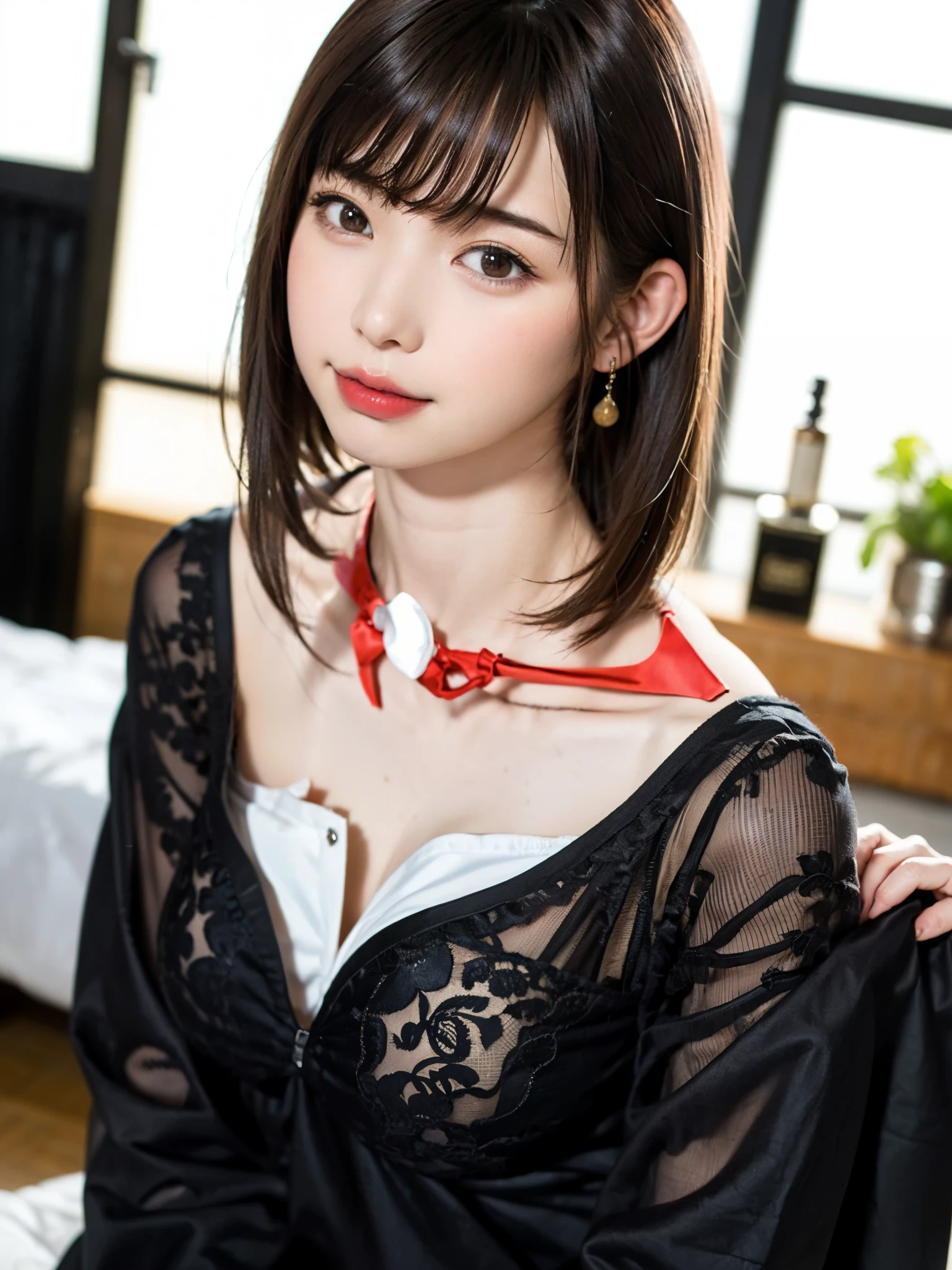 (table top, highest quality、high detail:1.4、very attractive beauty、Adds intense highlights to the eyes、look closely at the camera:1.4、Beautiful woman full of charm、ideal body proportions、perfect anatomy、brunette short bob hair、shiny hair、bangs:2、光沢のあるbangs:2、lip gloss),1 girl, Report, light brown shiny hair, scarf,realistic, looking at the viewer、Please tilt your head slightly, bright colored crystal light blue eyes, short and shiny hair、 chest中央に穴の開いた白いタートルネックの衣装,chestの真ん中に丸い穴のあるセクシーな白いタートルネック ニット セーター、 lips, lip gloss, Upper body、Big eyes、eyelash、face is a little red、embarrassing)、((italian road in winter))、((short hair with Big eyess、Give students very powerful highlights、{Huge|big|Hugeな|mega} chest:2、very bigger chest:2、look at the audience、very beautiful beauty、show me your ears、long neck、smile a little、beautiful teeth、open your mouth and smile、heart shaped eyes))、28 years old、very cute super model、portrait:2、close your face:2