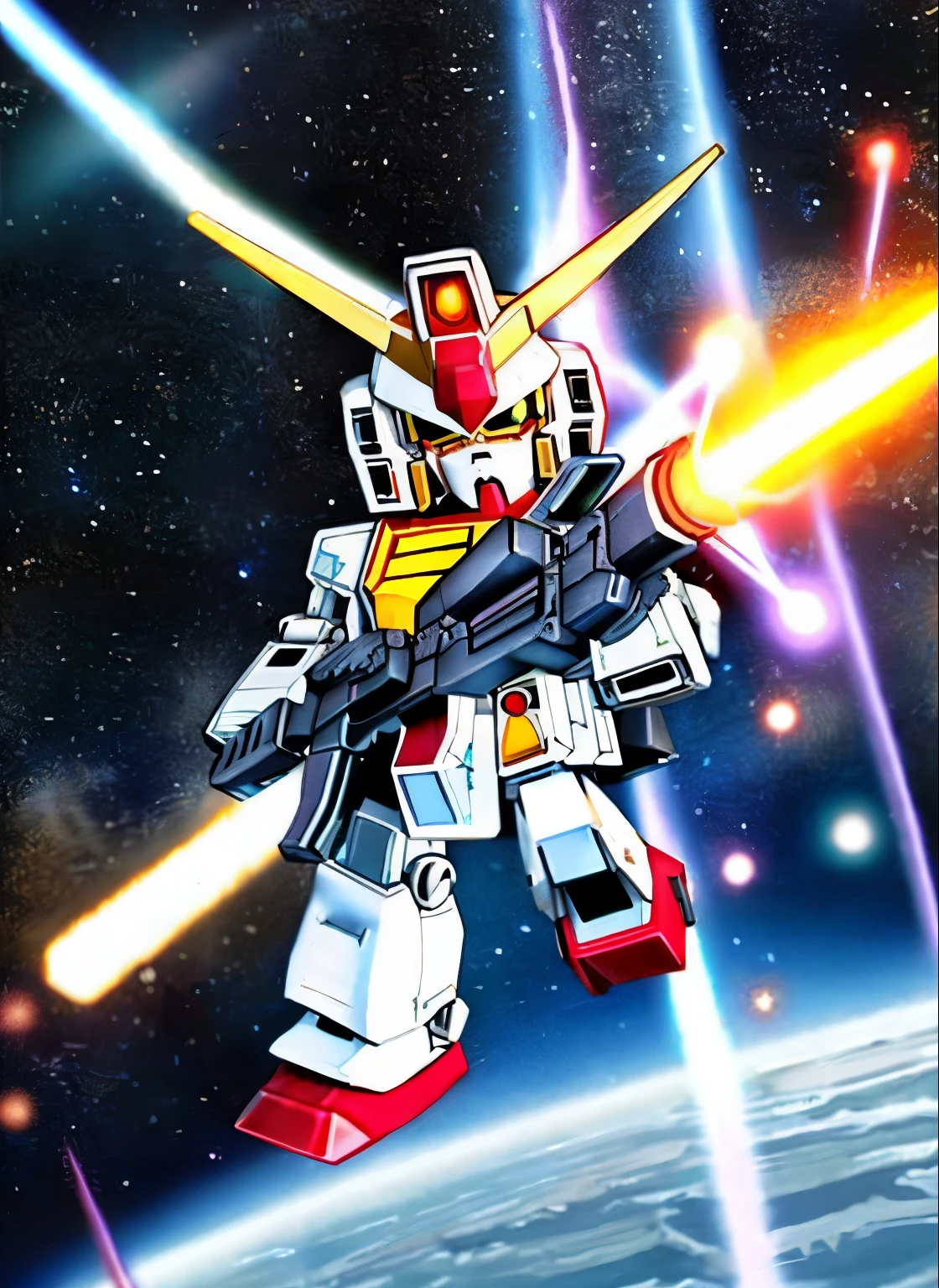 (masterpiece)、 (SF)、 (SD Gundam)、(F91)、highest quality、chibi character、Rin々New facial details、He held a bazooka and a saber.、Mechanic Robot、realistic outer space、Maximum output、continuous attack、beam radiation、Vesbar、Fully armed、earth in background、Flying through the sky like a comet、and flames surround it, steel, rust on edges、docking、core change、