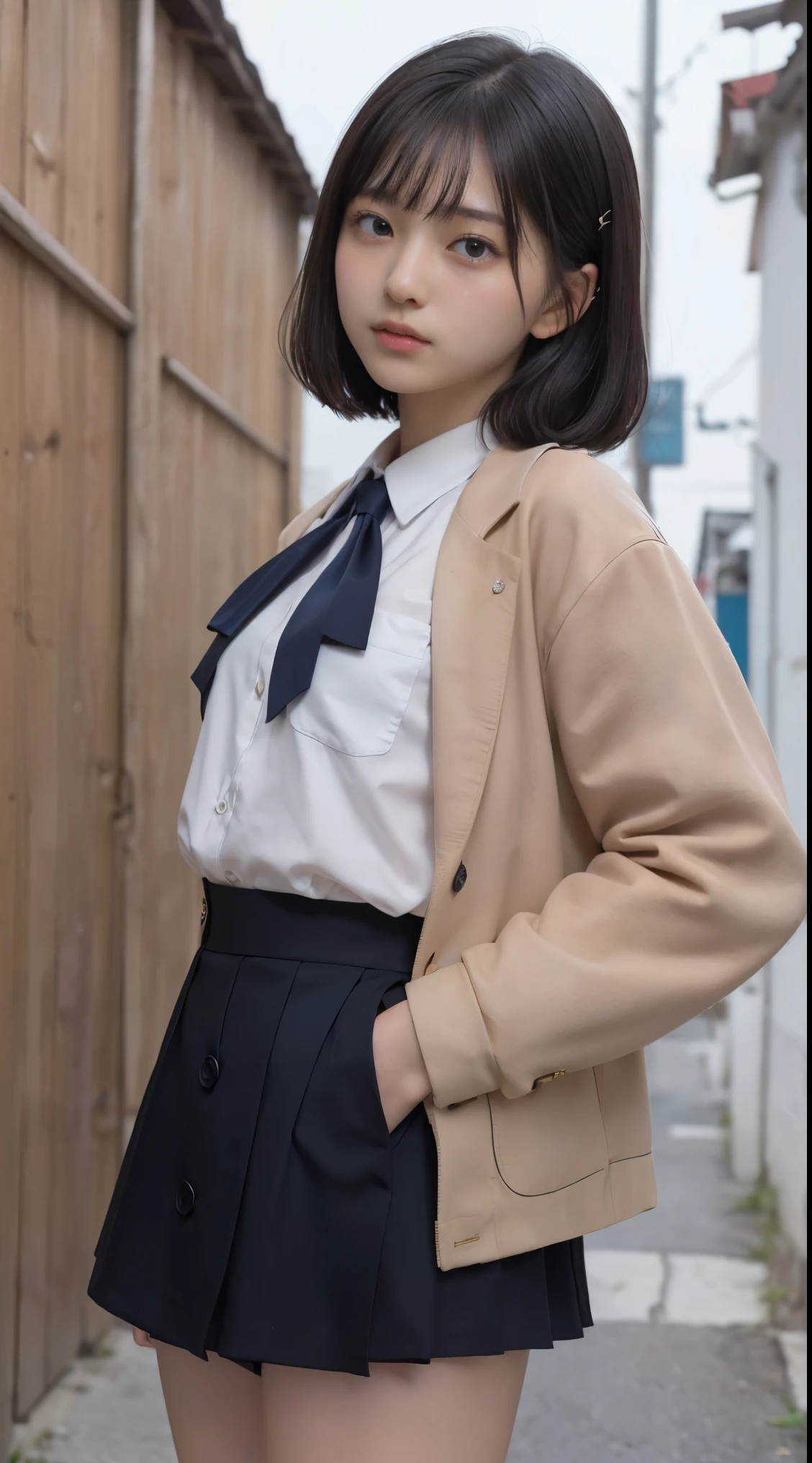 ((highest quality、(NSFW、((camel toe))、highest quality、masterpiece、Super high resolution、8K、highest quality、Drawn details)、(I photographed the whole body、stand)、(tilt one's head)、Photographed from a side angle、-yeld hischool girl、very beautiful shape、Dark blue blazer uniform、dark blue mini skirt、white shirt、ribbon tie、Beautiful girl with black hair、black short hair、Secure your hair with white hairpins、Show ears、