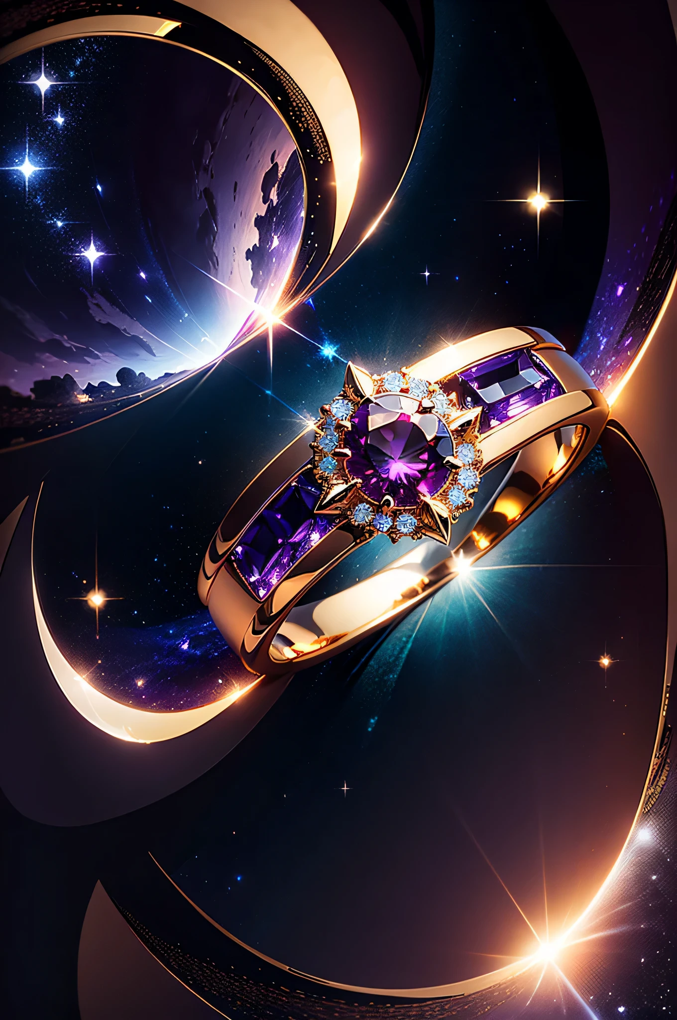 masterpiece，top quality，Rings with precious stones，(It's nothing, Except for the ring)，(no man),Phoenix Ring，starry sky，Wrapped all the way from start to finish，Delicate gold ring，starry sky на ринге,shine，inverted image，Sparkling blue-purple gemstones，Elegant and noble,simple background