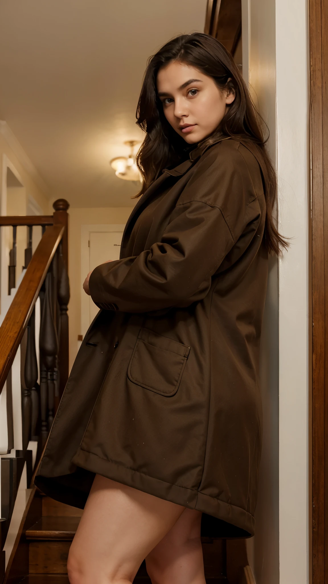 23 years old lady, big thighs, in coat dress, dress, medium size , perfect body, perfect face, looking towards camera, full body including feet is visible, on stairs, in panaroma mode, ultrarealistic, not close to camera, side view