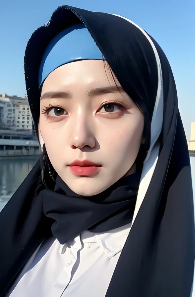 Wear hijab blue collor, ((Best quality, 8k, Masterpiece :1.37)), (women in hijab), multiple people ,((Take pictures from face to thighs)), women in hijab blue, position:standing, style model, (three women in hijab), beautiful face, Beautiful detailed eyes, Korean eyes, nose detail, Natural Lips, 18 year old girl, black hair, very detailed face, ultra detailed body, slim body, smiling lips, detailed big breasts, detailed hairy vagina, Wearing Muslim hijab , luxurious jubba thobbe, blue sky view, slim body, realistic face, three women wearing hijabs