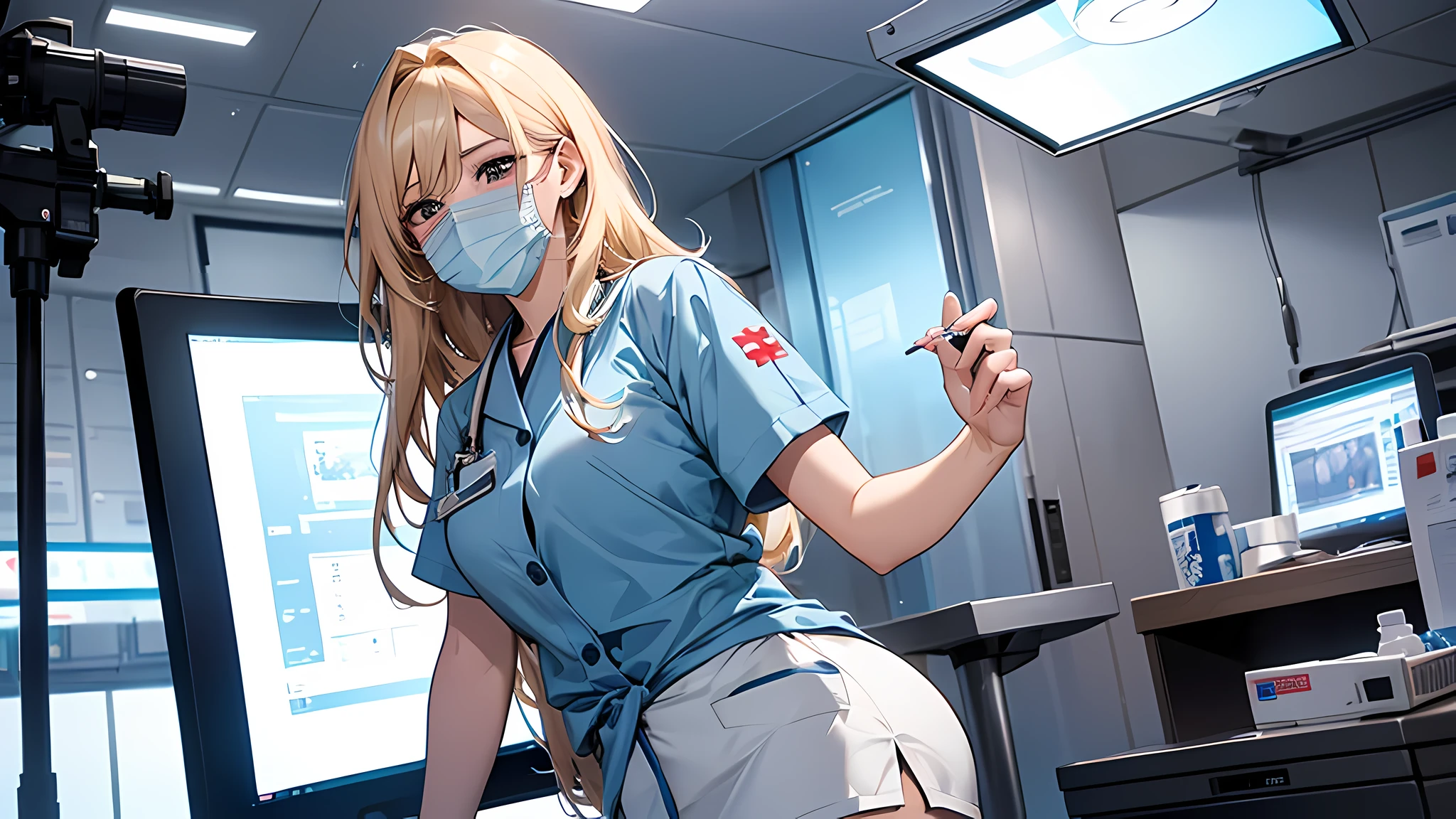 white stocking, long blonde ponytail, blue eyes, naked, blue medic gloves, blue nurce costume, medium breast, in hospital, sexy attire, medic blue face mask, thick thights, 1girl, sexy nurse pose