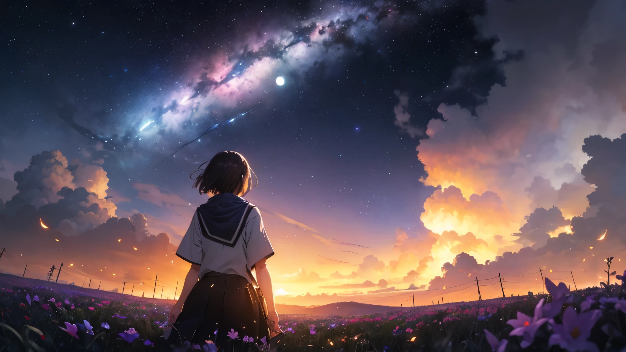 vast landscape photography , (View from below showing the sky above and open fields below), A girl standing in a flower field and looking up, (full moon:1.2), ( shooting star:0.9), (nebula:1.3), distant mountain, Tree BREAK production art, (warm light source:1.2), (fire Fly:1.2), lamp, lots of purple and orange, intricate details, Volume lighting BREAK (masterpiece:1.2), (highest quality), 4K, super detailed, (dynamic composition:1.4), very detailed, colorful details,( rainbow colors:1.2), (shining lighting, atmosphere lighting), dream-like, Magic, (alone:1.2),watercolor, Anime drawn by Makoto Shinkai, It's trending on pixiv, magical realism, beautiful anime scene, space sky. by makoto shinkai, ( ( makoto shinkai ) ), by makoto shinkai, Anime background art, Makoto Shinkai's style
