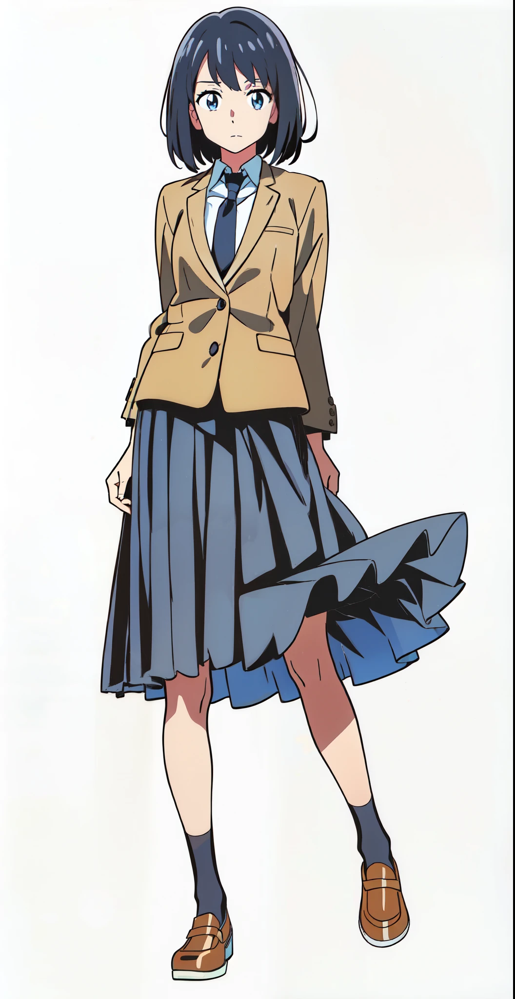 (best quality:1.0), (masterpiece:1.0), (super fine illustration:1.0), (beautiful artwork:1.0), (white background:1.0), (best quality:1.0), (masterpiece:1.0), (super fine illustration:1.0), (beautiful artwork:1.0), (anime screencap:1.0), (official art:1.0), (full body:1.0), (solo:1.0), (HSGA:1.0), (a 18yo cute girl:1.0), (long skirt:1.0), (dark blue skirt:1.0), (pleated skirt:1.0), (school uniform beige blazer:1.0), (dark blue necktie:1.0), (loafers:1.0), (black socks:1.0), (ideal ratio body proportions:1.0), (lanky:1.0), (tall:1.0), (slender:1.0), (small breasts:1.0), (smaller face:1.0), (tareme:1.25), (detailed beautiful eyes:1.25), (detailed beautiful face:1.25), (glowing black eyes:1.25), (bob cut hair:1.0), (black hair:1.0), (standing:1.0), (looking at viewer:1.0)