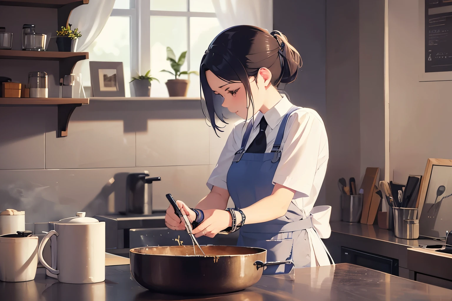 A beautiful woman wearing an apron is cleaning