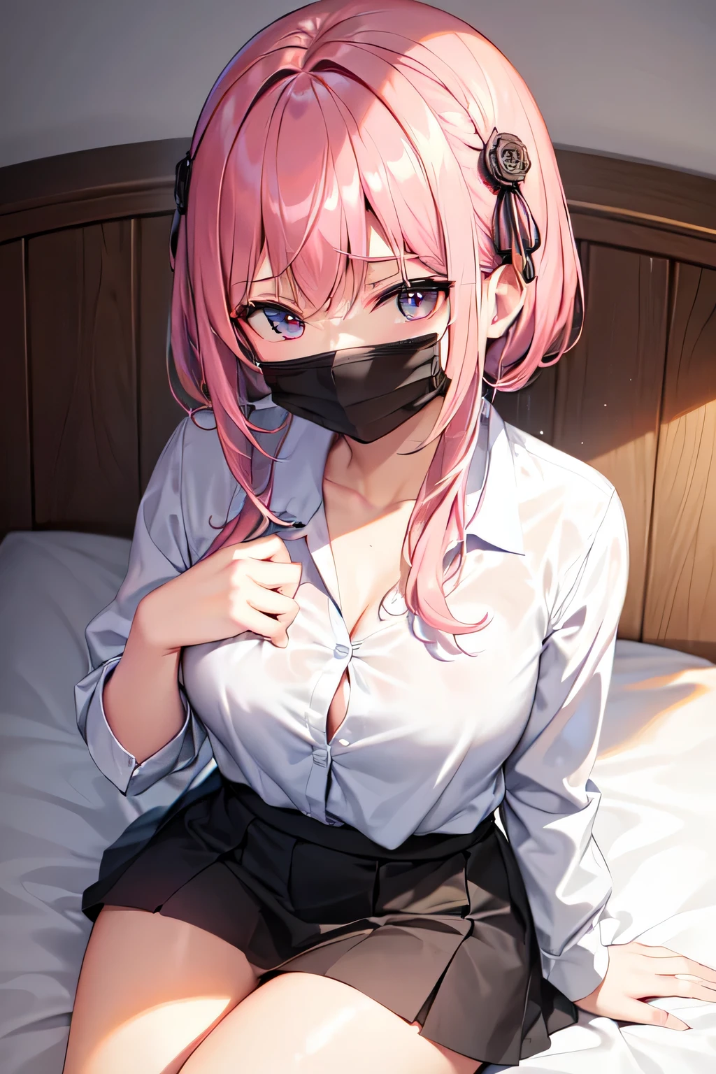 2D、masterpiece、top-quality、animesque、extra detailed face、extremely detailed eye,Perfect Lighting、Cowboy Shots、(1girl、独奏)、Rui Takane,white shirt、shairband, a choker, red necktie, Black shorts, panthyhose, blue eyess,(suckmask,tonge out), long tongue,in bedroom,(from adobe:1.5),squatting on bed,grin,drool,nipples through),looking at viewer,messy hair,smirk,