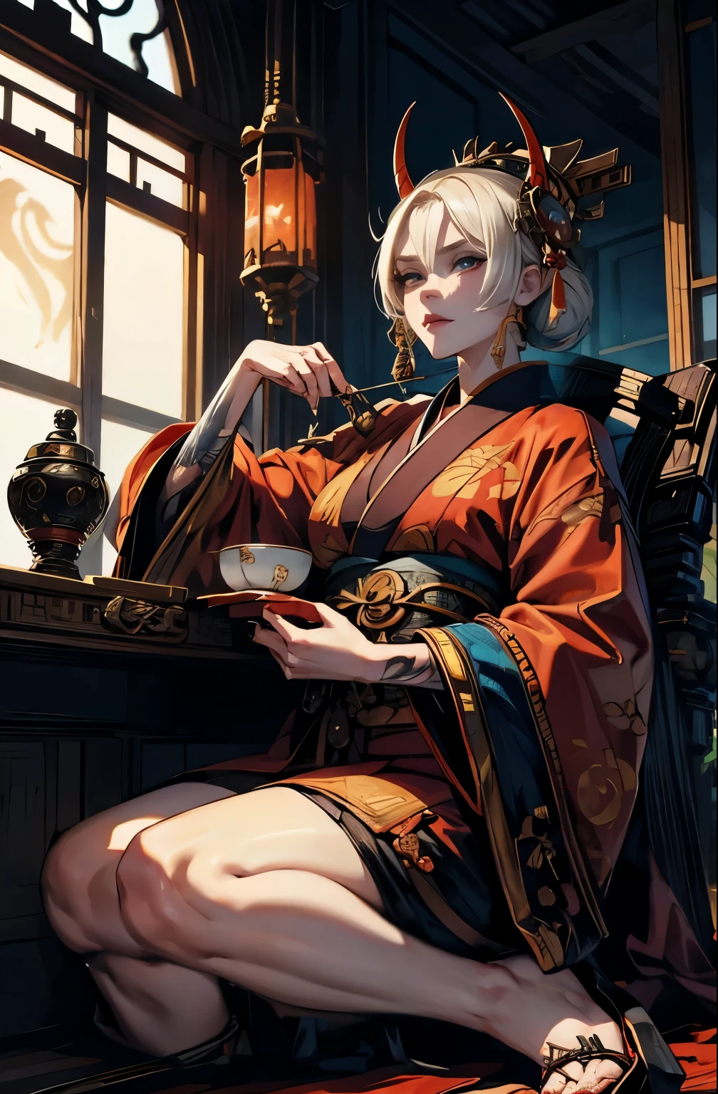 beautiful demon painting, knife剣を携えた鬼の女, female swordsman, knife, 妖knife, knife, strong female samurai, 2Book horns, mouth with fangs, Eyes without pupils, gambling, Hyakka Ryōran, Flower of Shura, platinum blonde demon, Beautiful red kimono, Oiran, highest ranking woman, Ghost Girl, Female Yakuza, Doji Ibaraki, Shuten Douji, Inspired by Chen Yifei, Inspired by Francesco Hayez, Inspired by Hendrik Terbruggen, Jean=Works that influenced Auguste Dominique Ingres, Inspired by Liu Jun, Jean=Works that influenced Auguste Dominique Ingres, highest quality, perfect angle, perfect composition, The perfect subject, best shot, official art, cinematic light, figurative art, Beautiful and expressive paintings, Beautiful artwork illustration, wonderful, cool beauty, clear, Mysterious, highest quality, official art, perfect composition, perfect angle, best shot, women only, sharp outline, pretty much beautiful face, The demon lurking in the darkness of Kyoto, Lord of Chimi-Mourou, A ruthless demon woman, demon queen, Female Yakuza, full body tattoo, Danbilla, 妖knife, wide, Rashomon, 遊wide