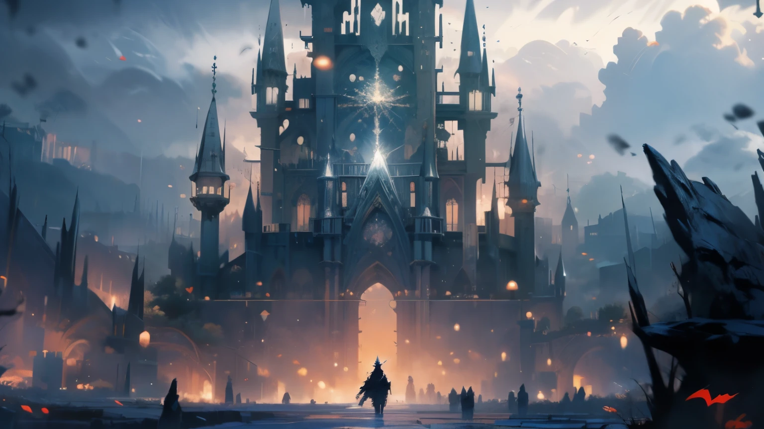 purple background,creepy background、The devil's castle is big、 masterpiece, highest quality, super detailed, figure, Concept art in 8K resolution, fantasy art, magnificent art, concept art wallpaper 4k, Deep colors, Natural light