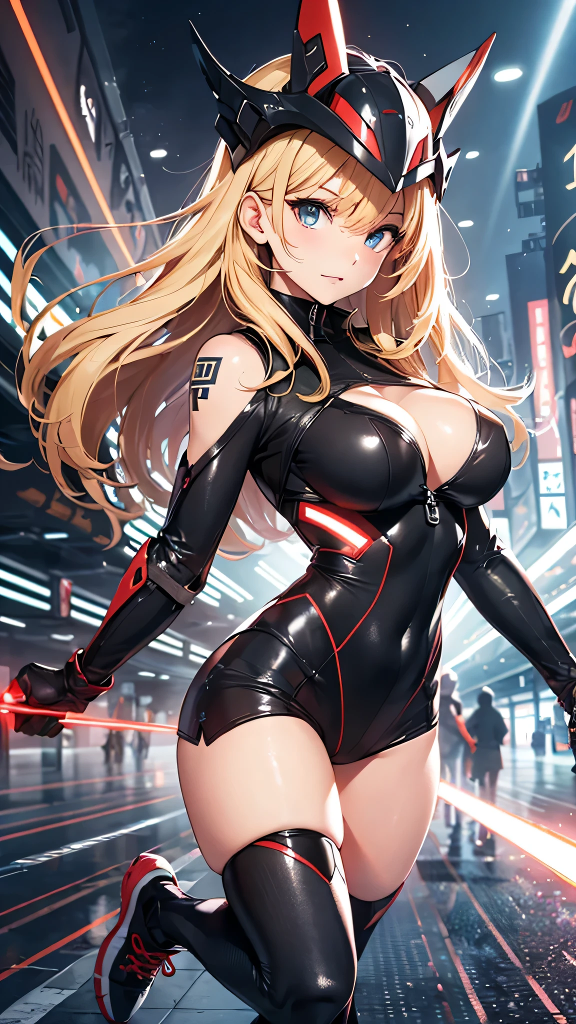 最high quality、best image quality、masterpiece、Android Girl((Robot body、20-year-old、 By becoming、vest bust、medium bust,wide open breast tea、black eye, blonde hair、long hair、thin,highest valley、glowing battle uniform、elationのある動き、超high speed、Feeling of sprinting、glowing head visor)),high quality、beautiful art、background((In the airport、high speed、Red laser))、debris flies、Depth of written boundary、movie、visual art、perfect art、8K,genuine、elation、Dynamic expression(1:2)、elation
