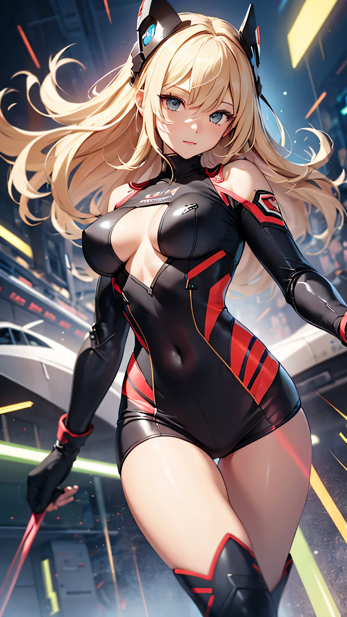 最high quality、best image quality、masterpiece、Android Girl((Robot body、20-year-old、 By becoming、vest bust、medium bust,wide open breast tea、black eye, blonde hair、long hair、thin,highest valley、glowing battle uniform、elationのある動き、超high speed、Feeling of sprinting、glowing head visor)),high quality、beautiful art、background((In the airport、high speed、Red laser))、debris flies、Depth of written boundary、movie、visual art、perfect art、8K,genuine、elation、Dynamic expression(1:2)、elation