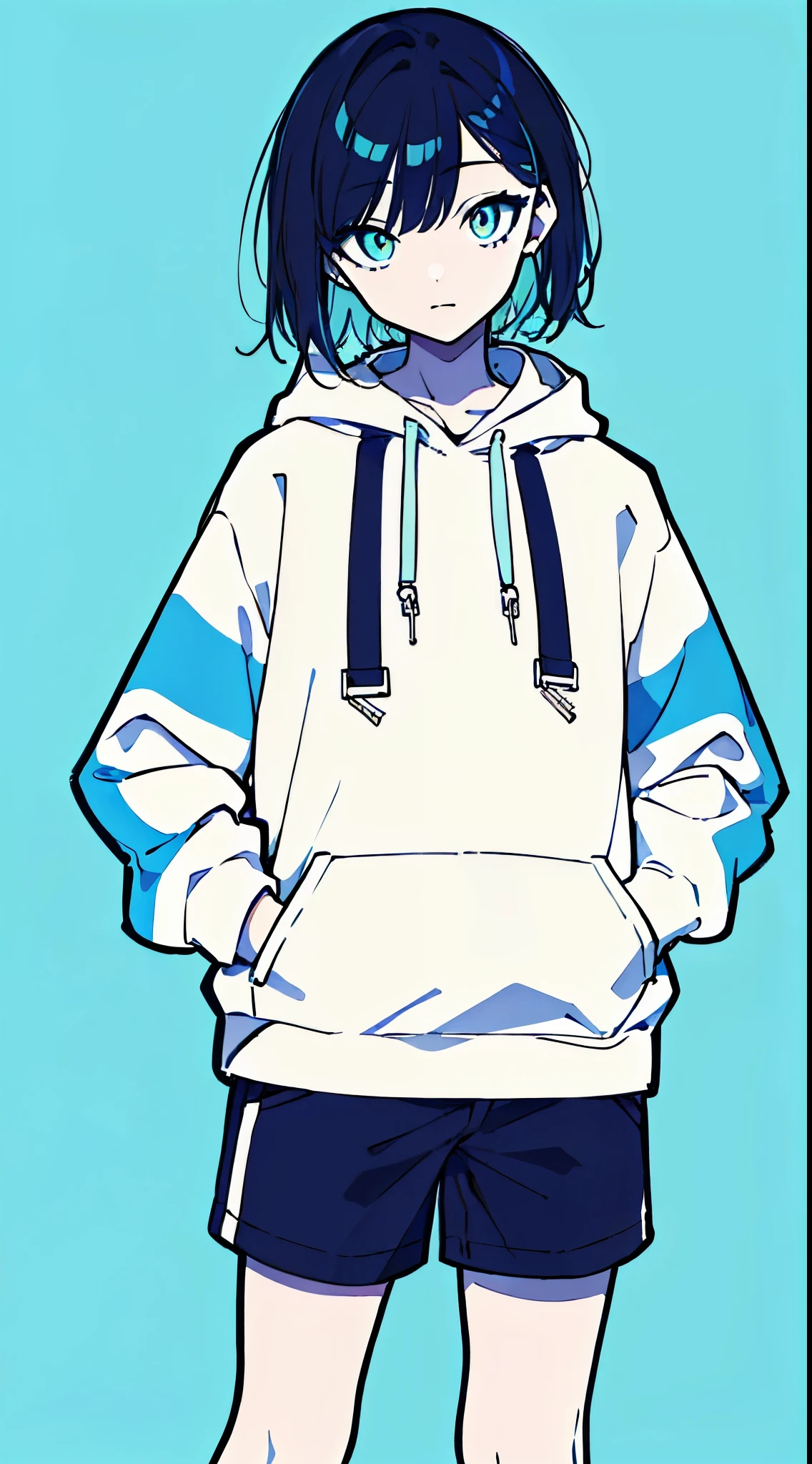 (masterpiece, highest quality:1.6), alone, thick outline, (simple background, light blue background, monochrome, light blue theme:1.2), official art, Key Visual, 8K, disorganized, whole body, (unique hair, Oversized Hoodies, hot pants, arch back, short torso:1.2), belly button, thighs, cowboy shot, HDR, sharp focus, High resolution, most detailed, very detailed, Super detailed, finely, detailed eyes and face, sharp pupils, realistic student, solo, blue and white contrast, solo, hands in pockets