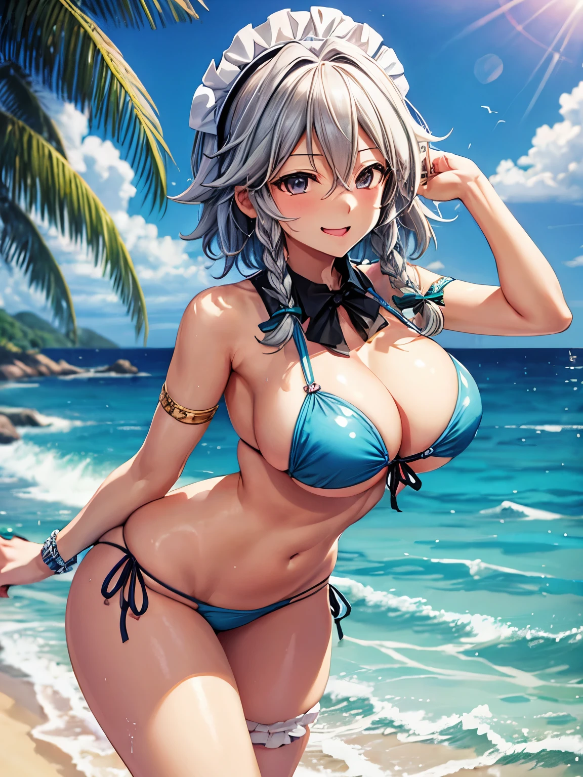 Sakuya Izayoi Sexy Big Breasts Perfect Female Body Tight Drenched Laughing Sea Beach Bikini Sexy Sea Micro Bikini