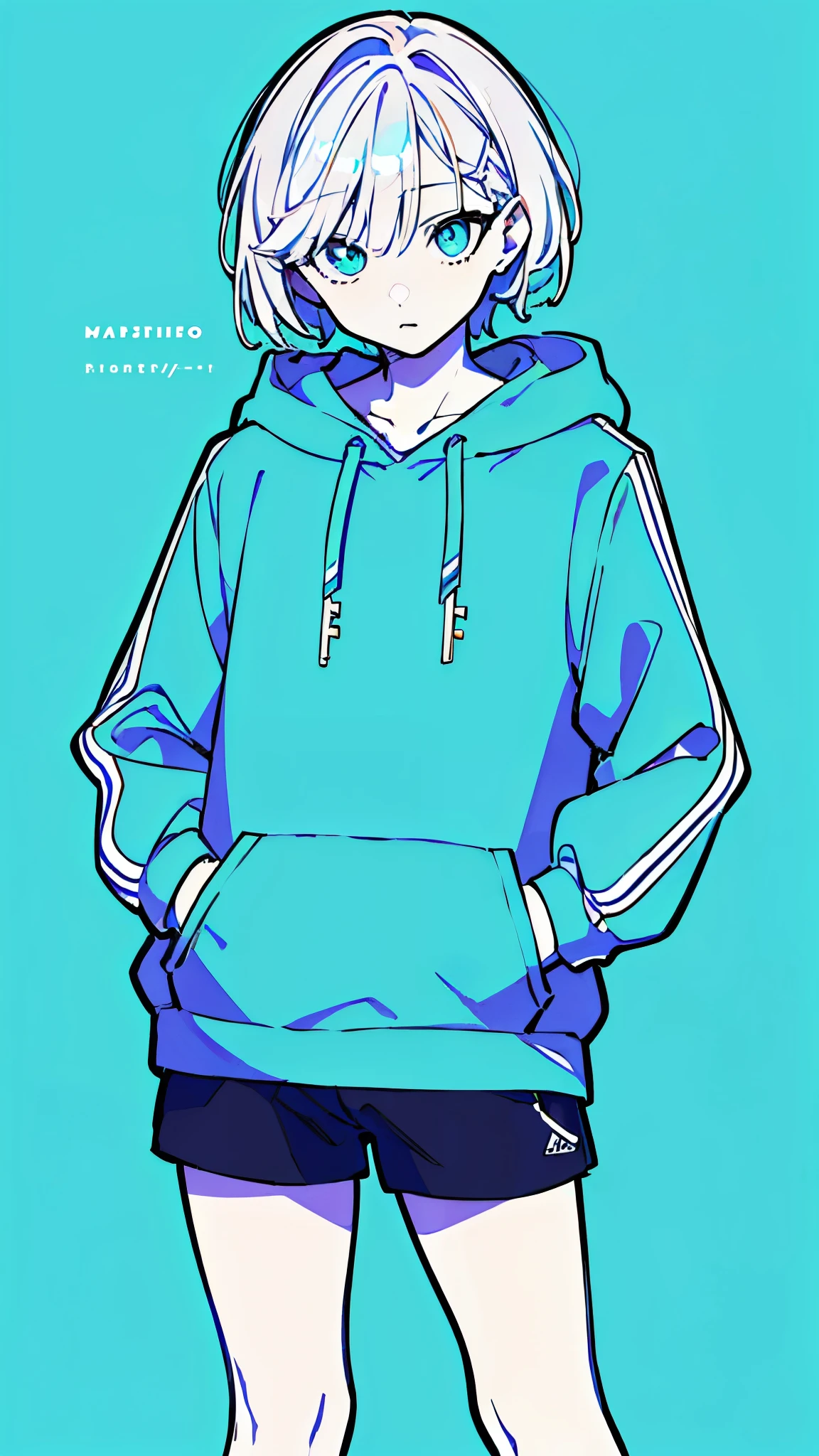 (masterpiece, highest quality:1.6), alone, thick outline, (simple background, light blue background, monochrome, light blue theme:1.2), official art, Key Visual, 8K, disorganized, whole body, (unique hair, Oversized Hoodies, hot pants, arch back, short torso:1.2), belly button, thighs, cowboy shot, HDR, sharp focus, High resolution, most detailed, very detailed, Super detailed, finely, detailed eyes and face, sharp pupils, realistic student, solo, blue and white contrast, solo, hands in pockets