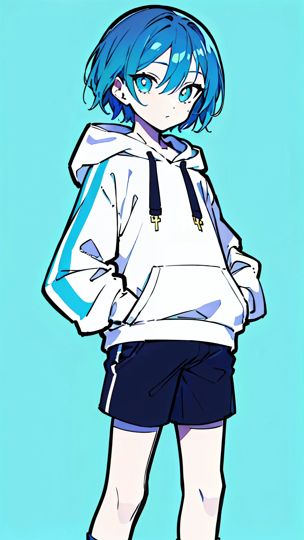 (masterpiece, highest quality:1.6), alone, thick outline, (simple background, light blue background, monochrome, light blue theme:1.2), official art, Key Visual, 8K, disorganized, whole body, (unique hair, Oversized Hoodies, hot pants, arch back, short torso:1.2), belly on, thighs, cowboy shot, HDR, sharp focus, High resolution, most detailed, very detailed, Super detailed, finely, detailed eyes and face, sharp pupils, realistic student, solo, blue and white contrast, solo, hands in pockets